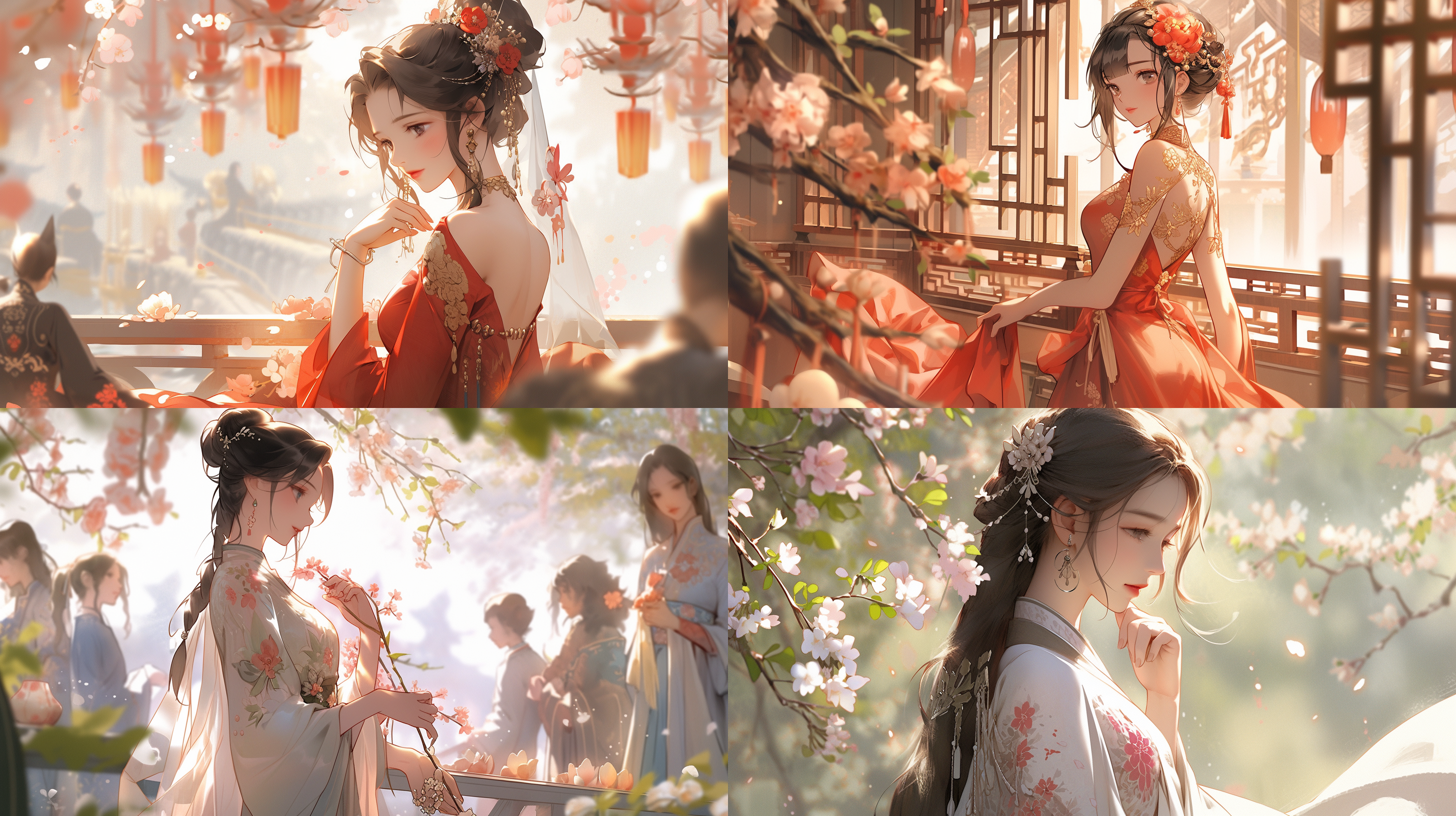 旗袍美女，花园中央，自然光，柔和色调，垂直构图，微笑，优雅动作，传统风格，花朵装饰，春日氛围，温暖情感。