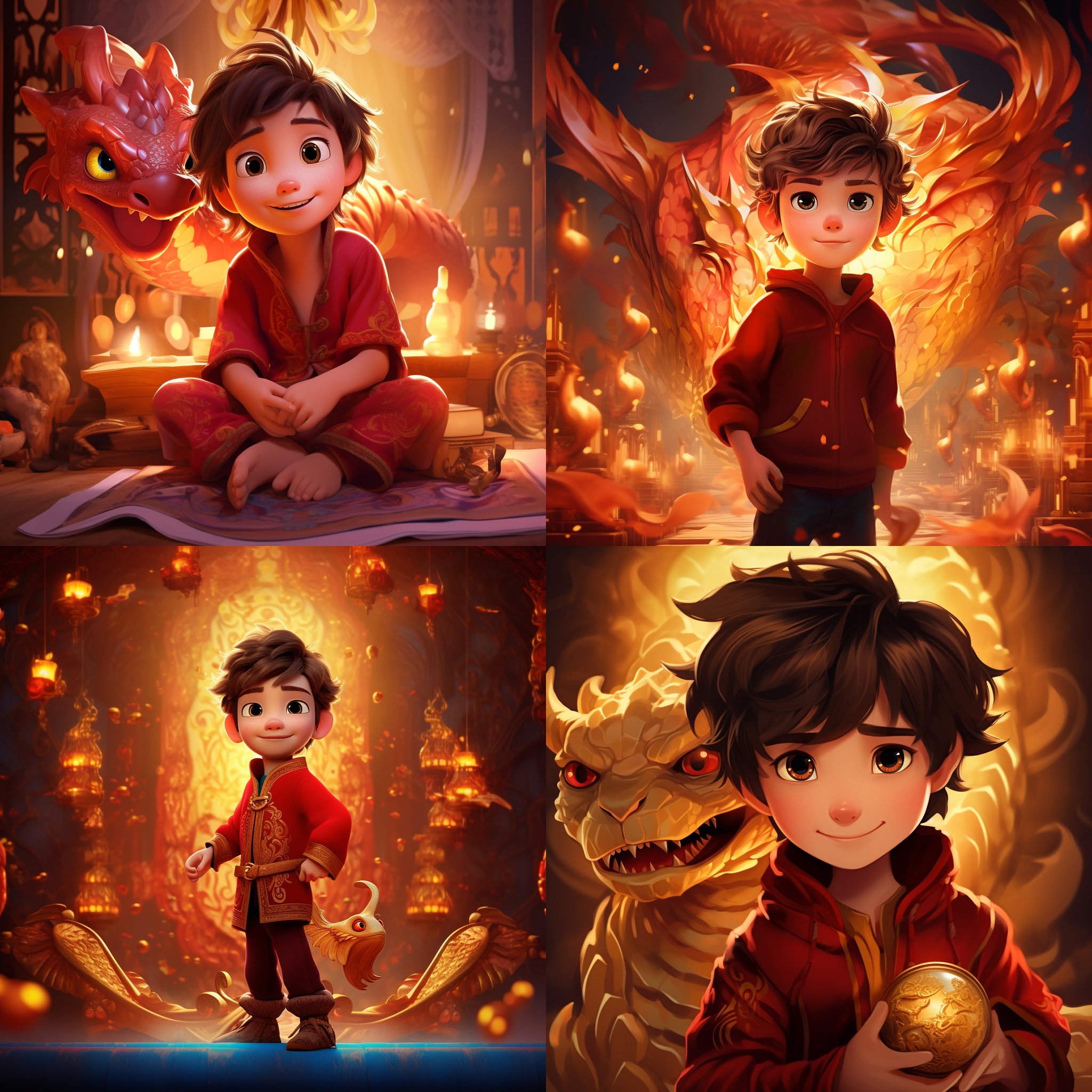 迪士尼风格，可爱男孩，吉祥龙图案，梦幻背景，红金色卡通人物，高清，超细节，童真表情，色彩丰富，暖色调，光影变化。