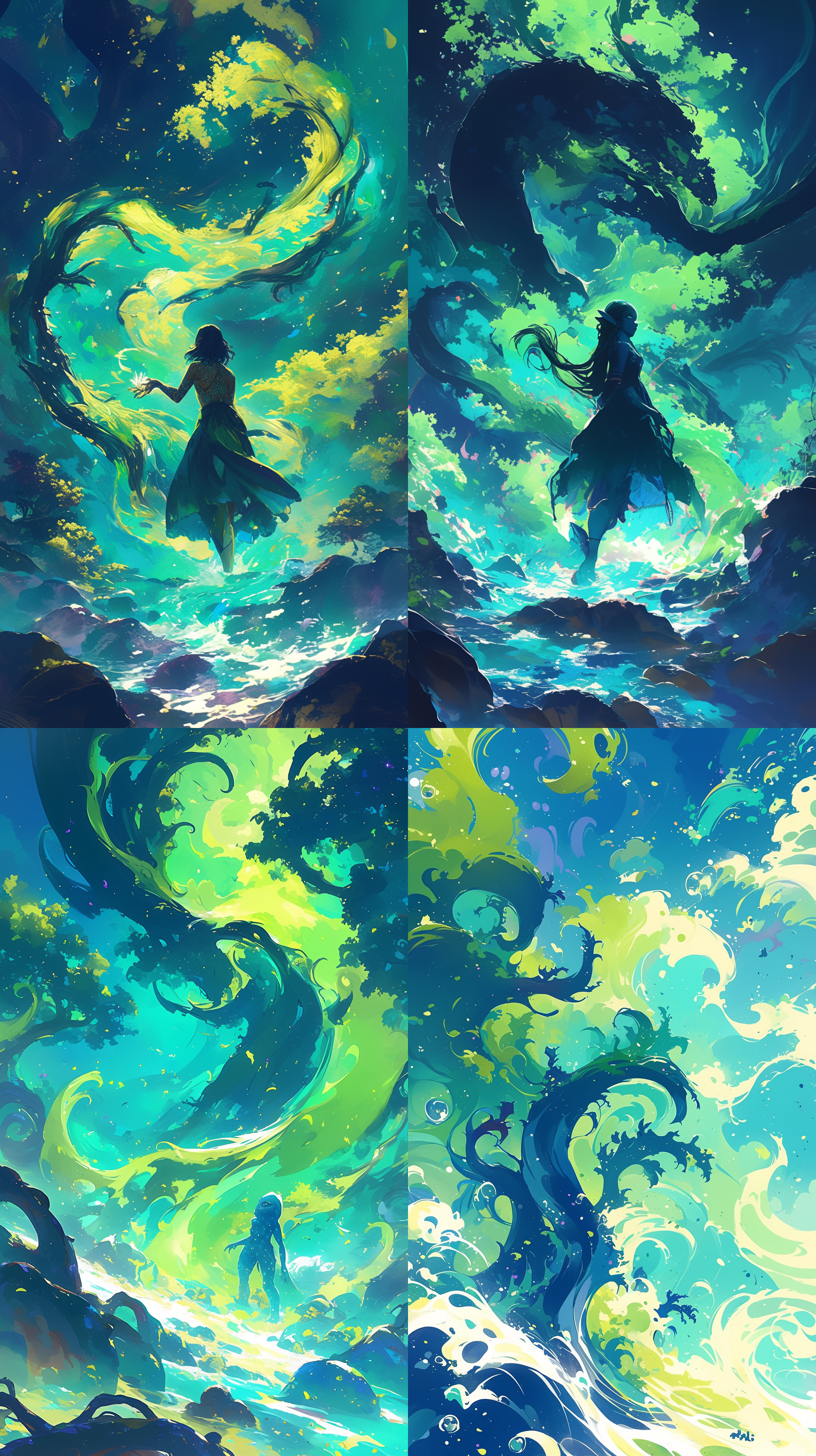 阿凡达电影风格，深蓝色，深绿色，仙雾缭绕 蓝绿 艳柠檬绿