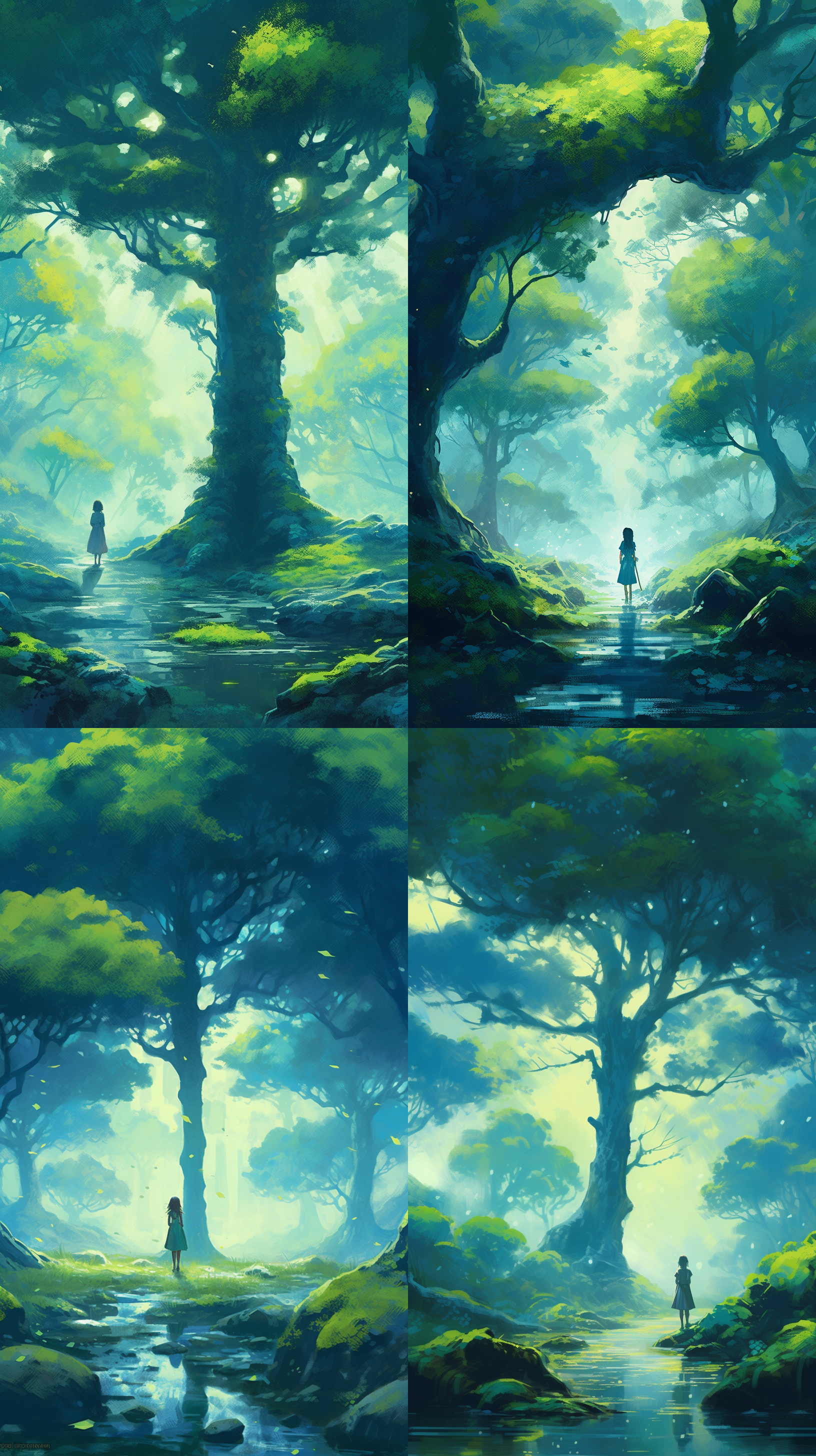 背景，深蓝色，深绿色，仙雾缭绕 ，艳柠檬绿，雨水，紧密的森林，香樟树，郁郁葱葱，枝繁叶茂，少女打着伞，看着面前的大树