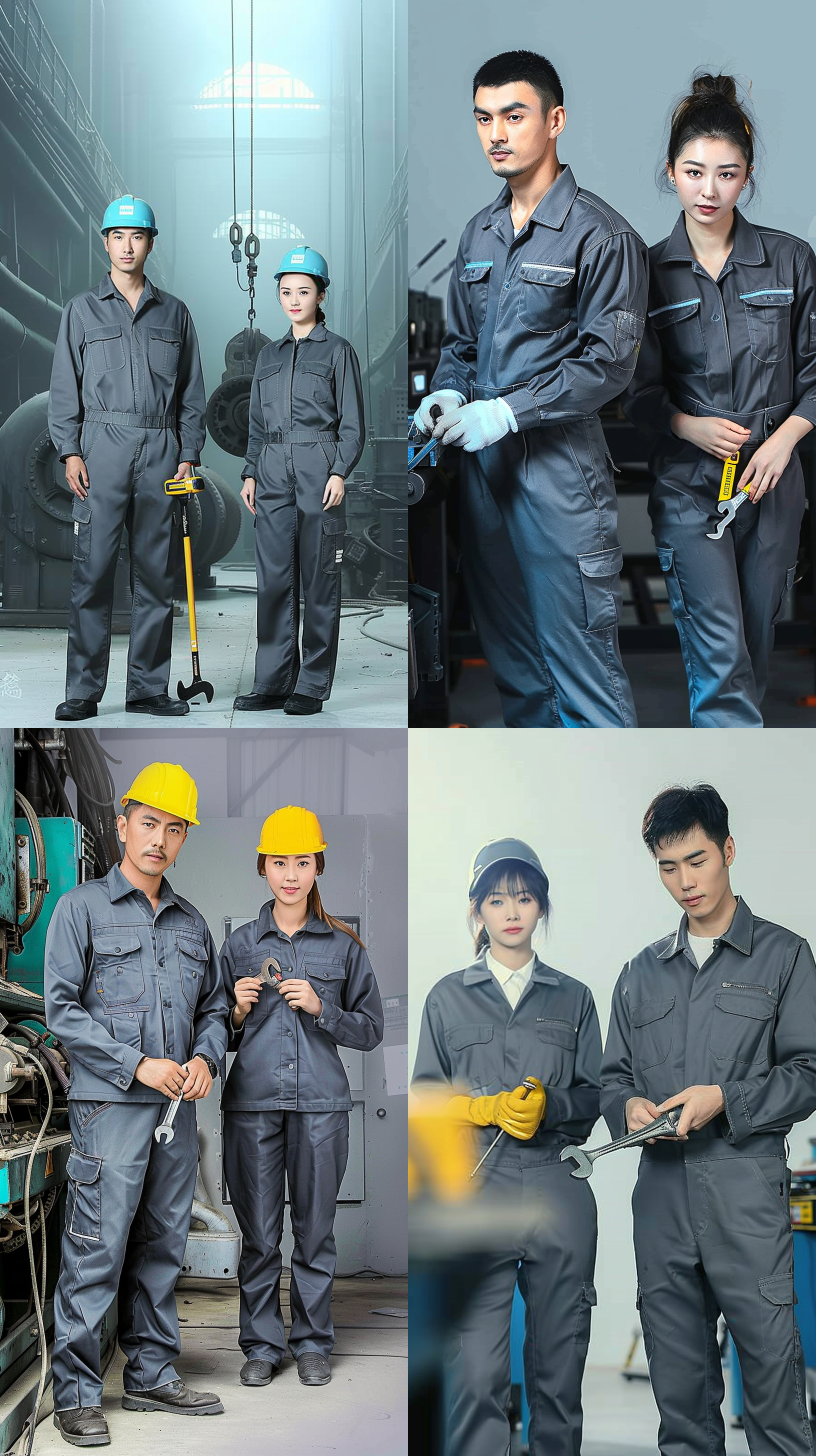 工人维修机器，工厂内景，中心构图，明亮的灯光，蓝色色调，扳手，自然不严肃的表情，维修动作，机器部件，精细细节，机械化氛围。