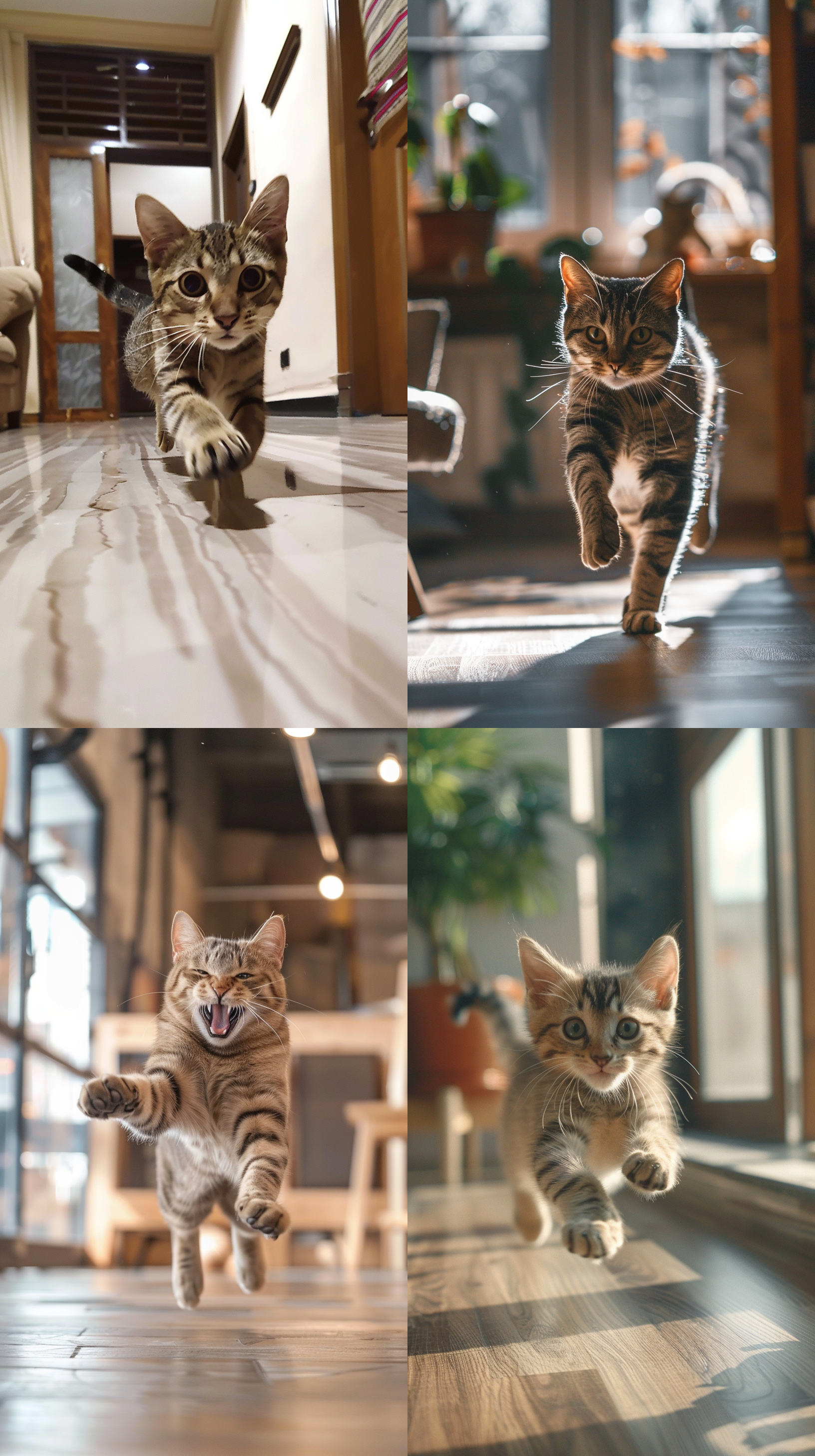 小猫奔跑，室内场景，广角镜头，高快门速度，动感十足，活力四射，快乐奔跑，运动服，运动鞋，充满活力。