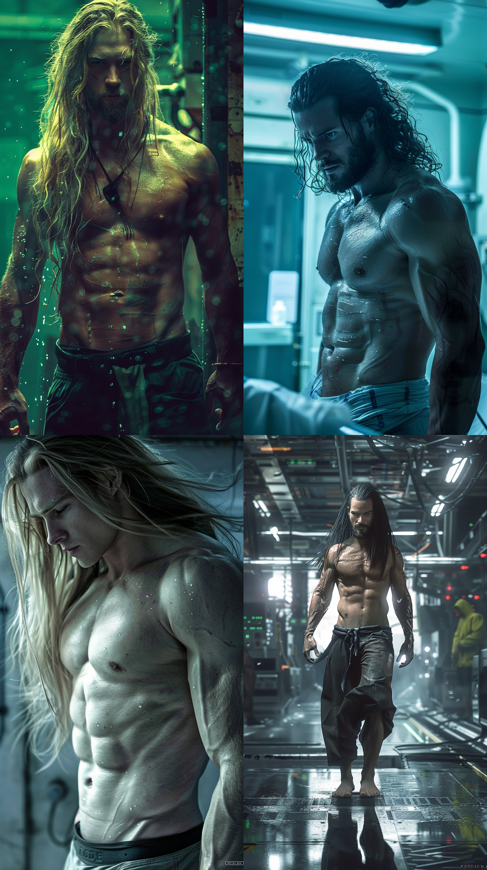 男童克隆仓中，浸泡营养液，胸肌凸显，赤足，长发披散，科幻风格，冷色调，特写镜头，光线柔和，眼神坚定，未来感。