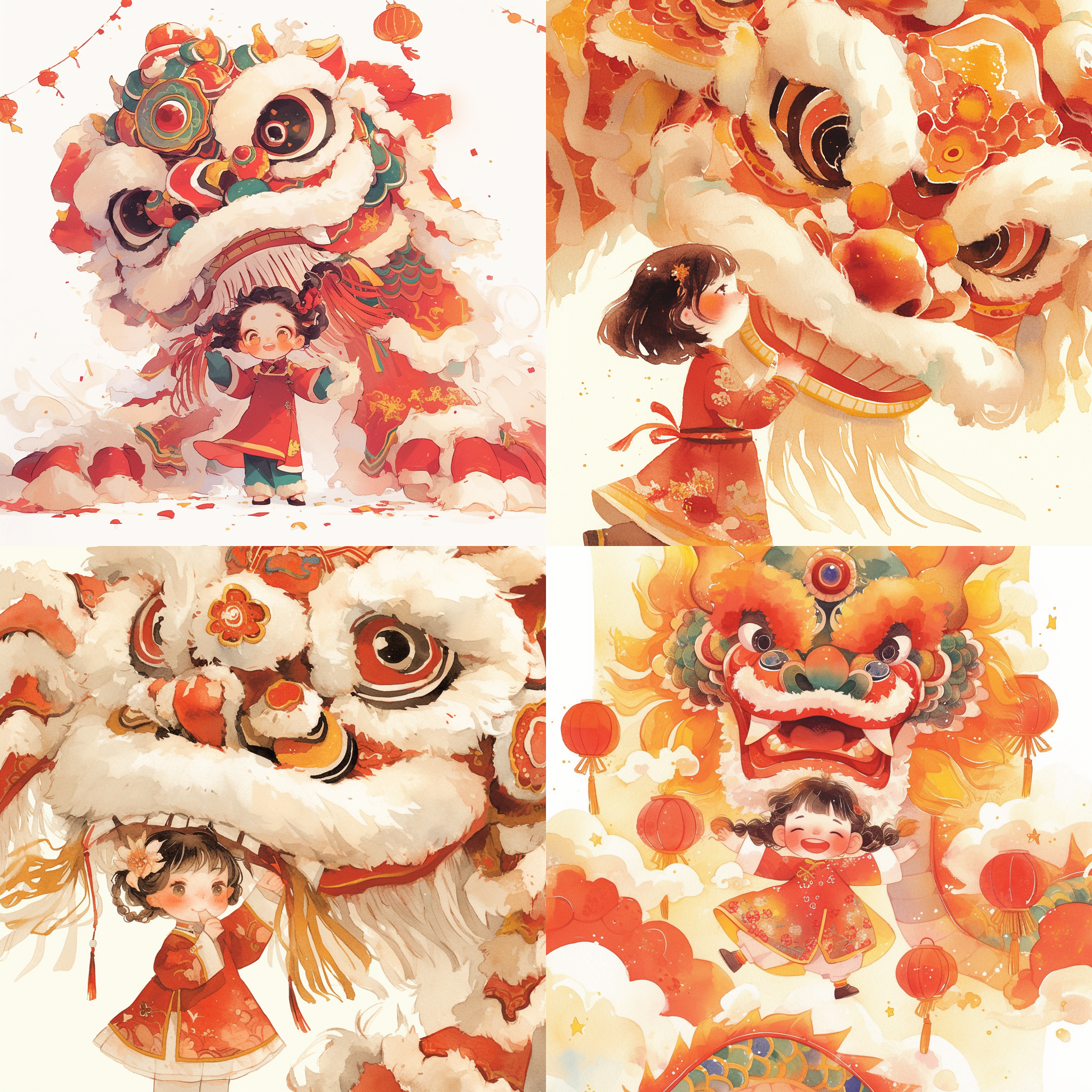 中国小女孩 春节 舞龙舞狮 水彩画风格