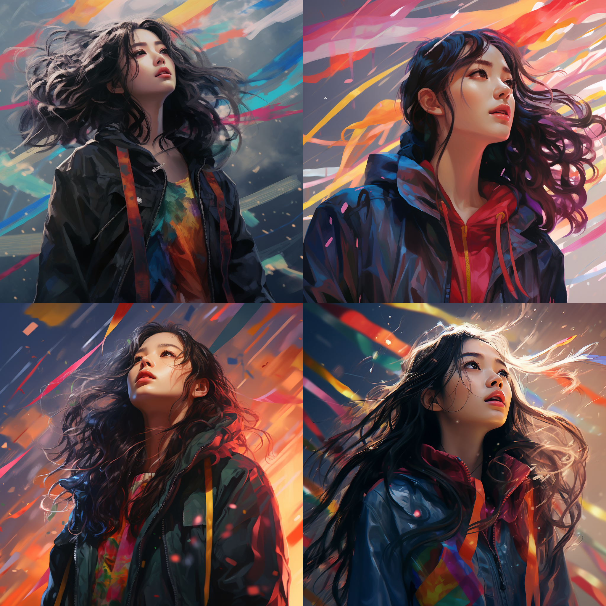 一位中国女士穿着风衣仰望天空，大雨澎湃，彩色的飘带飘满天空，真实风格