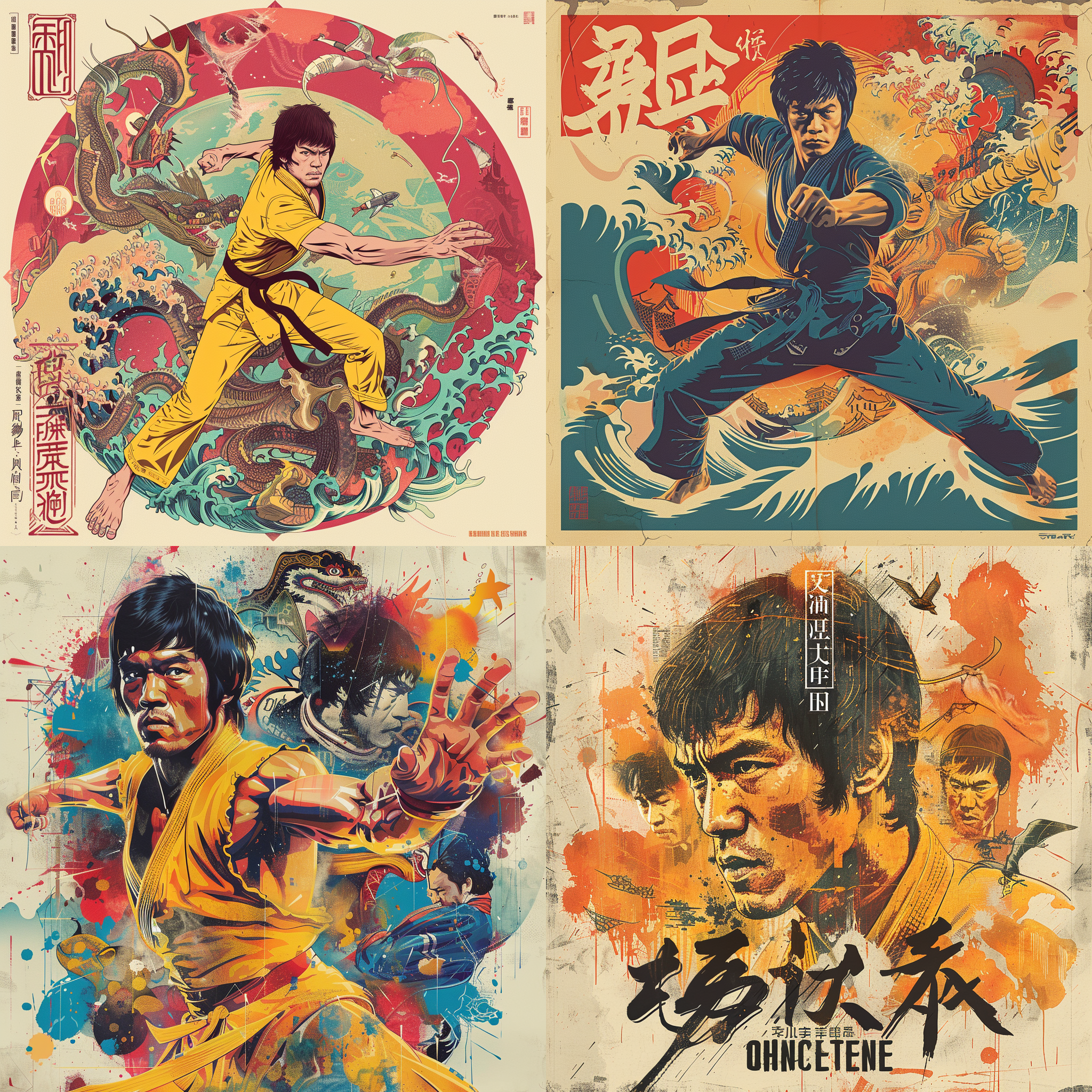 李小龙打碟，生动饱满的颜色，卡通风格插图，sketchfab，gadgetpunk，海洋学术，复古视觉，flickr，头像海报设计，锐利对比，夸张表情，动感十足。