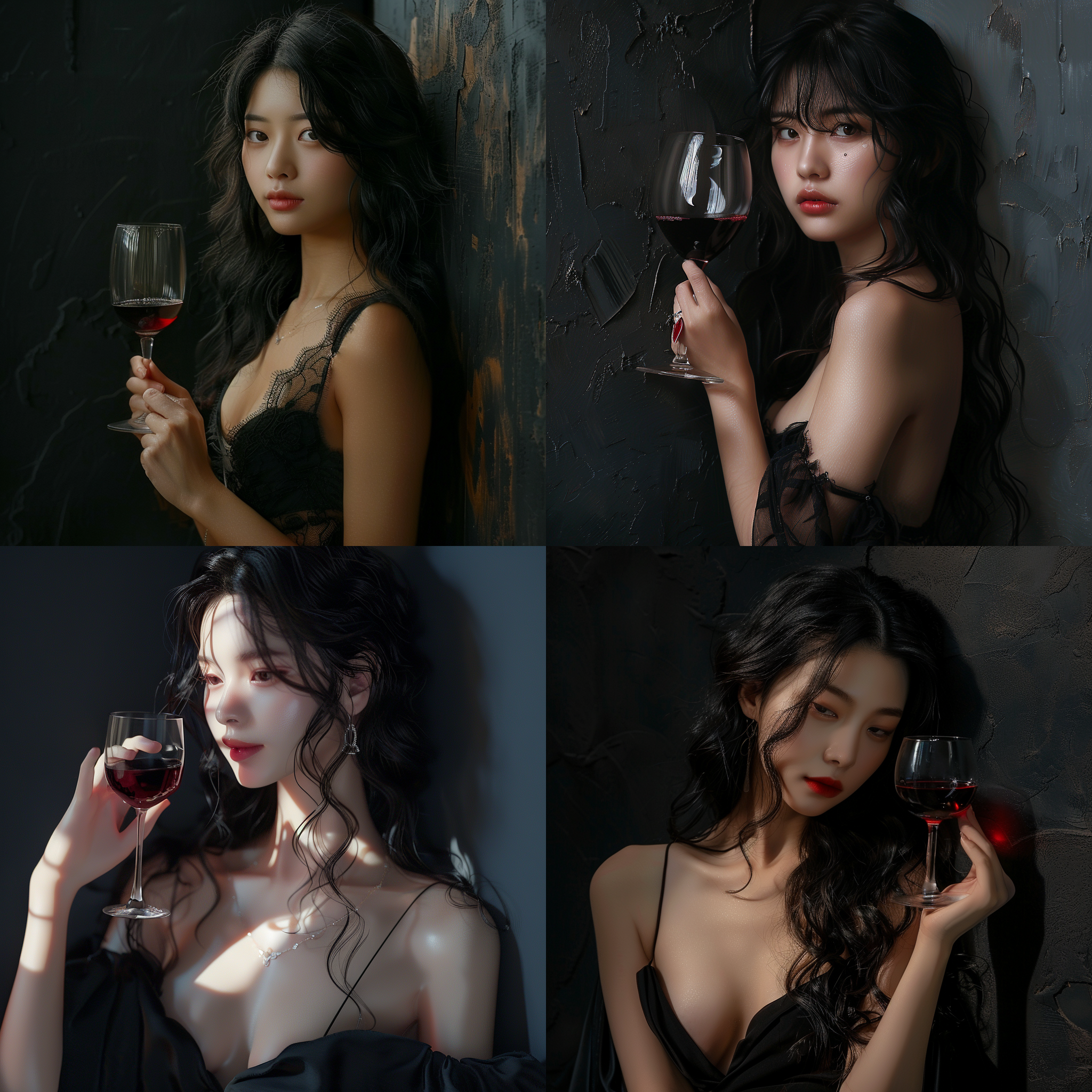 中国女孩手拿红酒杯，依靠在墙边，都市，侧脸，时尚，大波浪黑发，超写实，背景黑色，身材高挑，19:6比例，超写实，柔和光线。