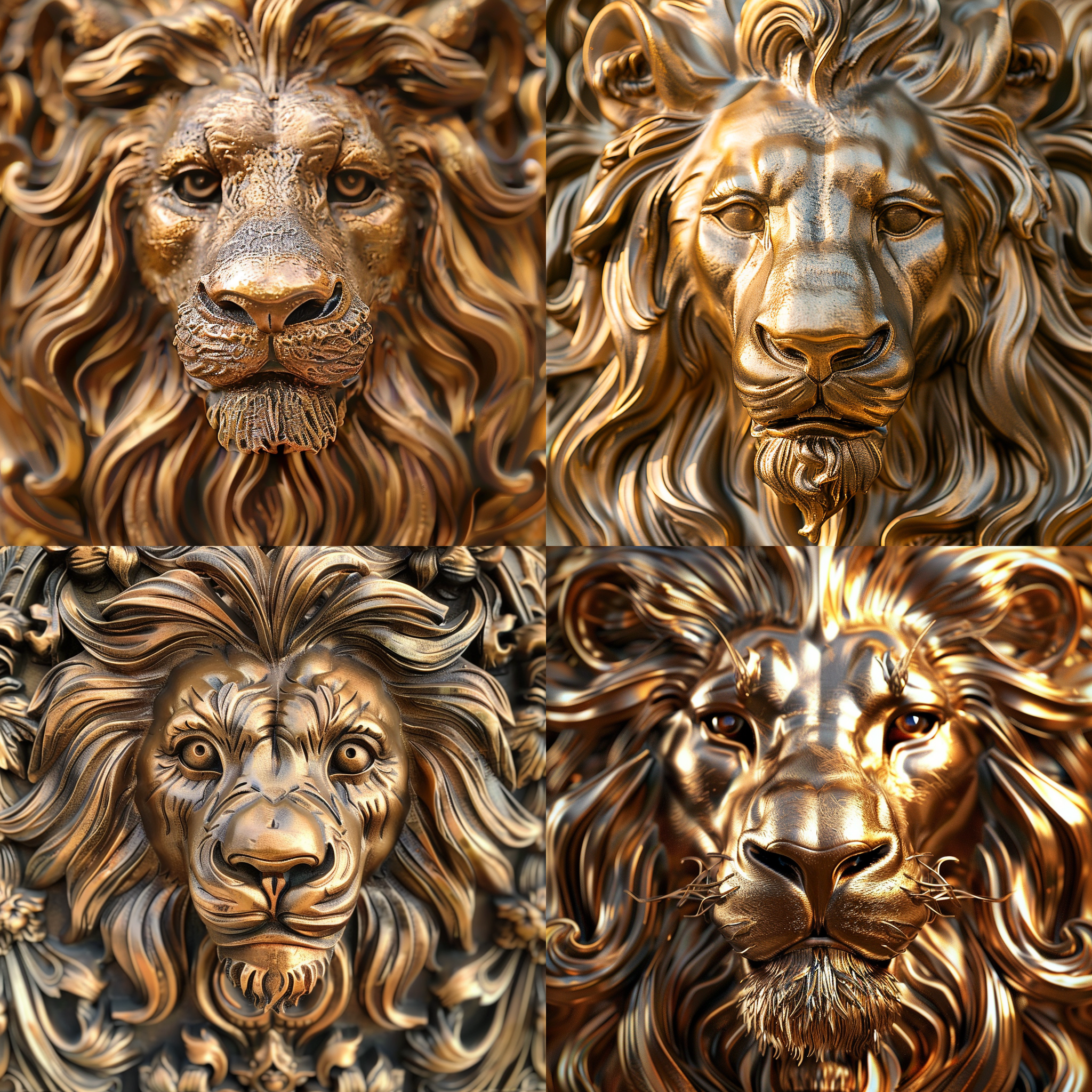 狮头雕塑，正面特写，细节丰富，金色，皇家风格，庄严肃穆，纹饰复杂，立体感强，光影突出。