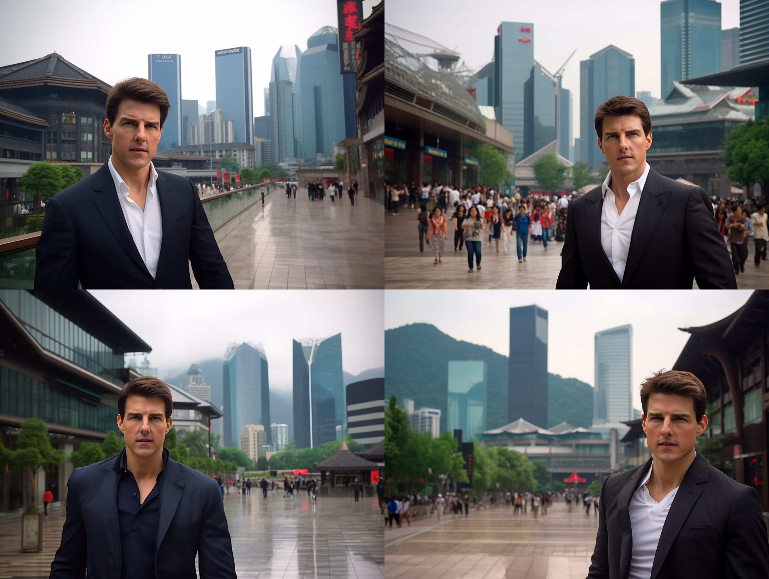 tom cruise came to taikoo li, chengdu, china at the age of 28. the weather was sunny and there were chinese beauties on the road. he kept saying hello to the chinese beauties. panoramic view.