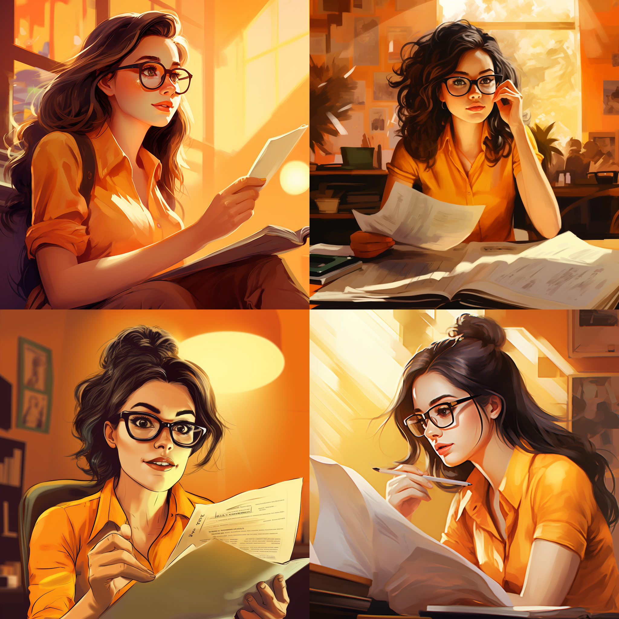 卡通职场女性，戴眼镜，读书，纯橙黄色背景，中景，侧光，细节丰富，温暖色调，静态，专注。