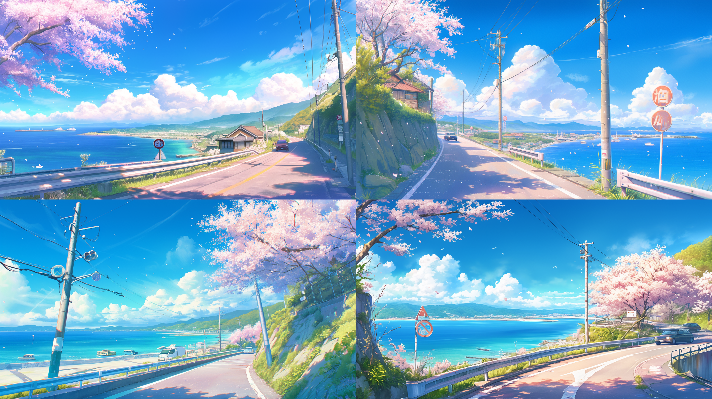 日系海边公路，蜿蜒、长、路边有电线杆、指路牌、蓝天白云、淡粉色的樱花飘落、路边有绿植、公路上有汽车, 风景摄影, 远景, 广角镜头, 自然光, 柔和色调, 悠闲, 温暖情绪。