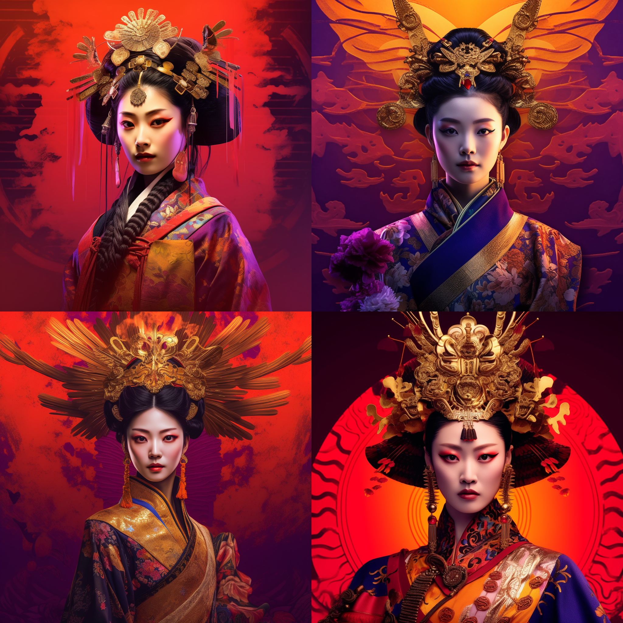美丽的古典中国女子，戴着金色武士面具，黑色眼睛，混合紫红色背景，中心构图，杰作，最佳画质，超高分辨率，8k，极致细节，conrad roset，hayao miyazaki，yoshihiro togashi，长宽比16:9。