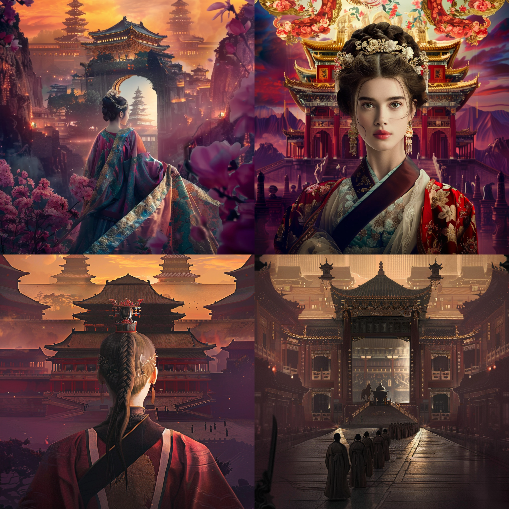 美丽的古典中国女子，戴着金色武士面具，黑色眼睛，混合紫红色背景，中心构图，杰作，最佳画质，超高分辨率，8k，极致细节，conrad roset，hayao miyazaki，yoshihiro togashi，长宽比16:9。