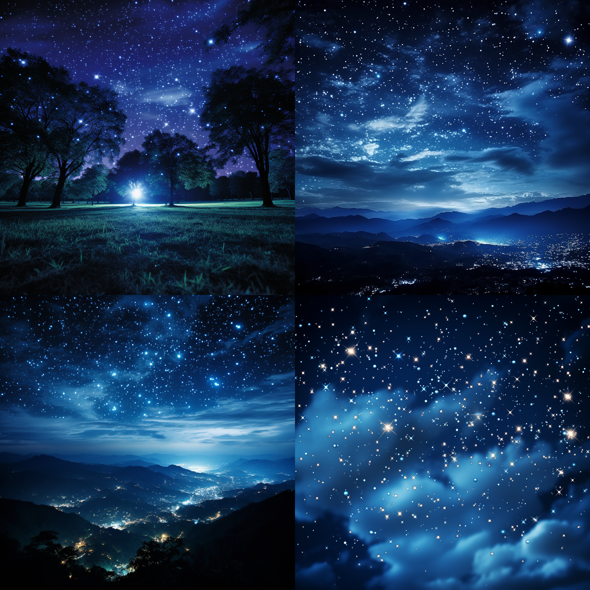 夏夜星空，全景，银河横跨中天，迷人景色，星星闪烁，宇宙奥秘，长焦镜头，暗光环境，静态，宁静，神秘，蓝色调。