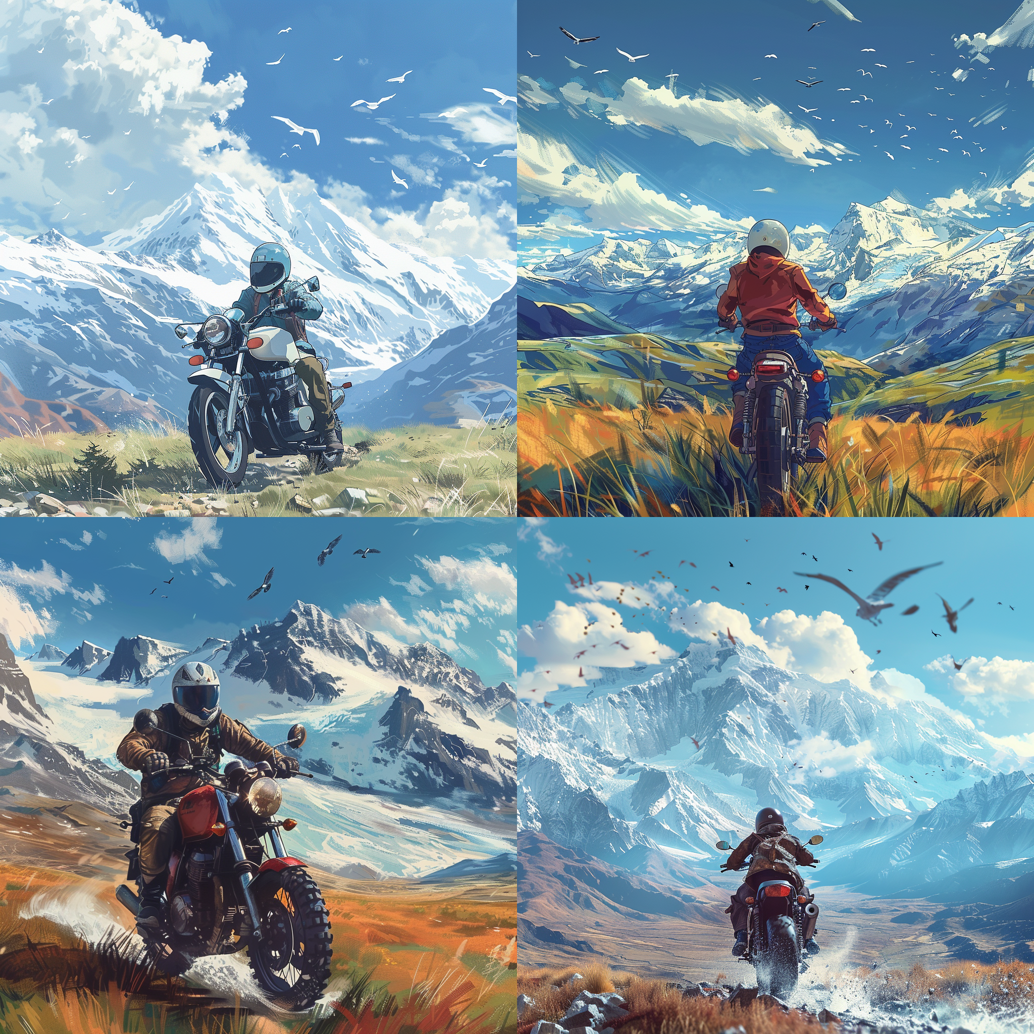 男孩骑摩托车，头戴头盔，高山草原，高原冰川，远处雪山，阳光明媚，孤独，天空飞鸟，超写实风格，广角镜头，远景，机能风格，蓝色调，勇敢。