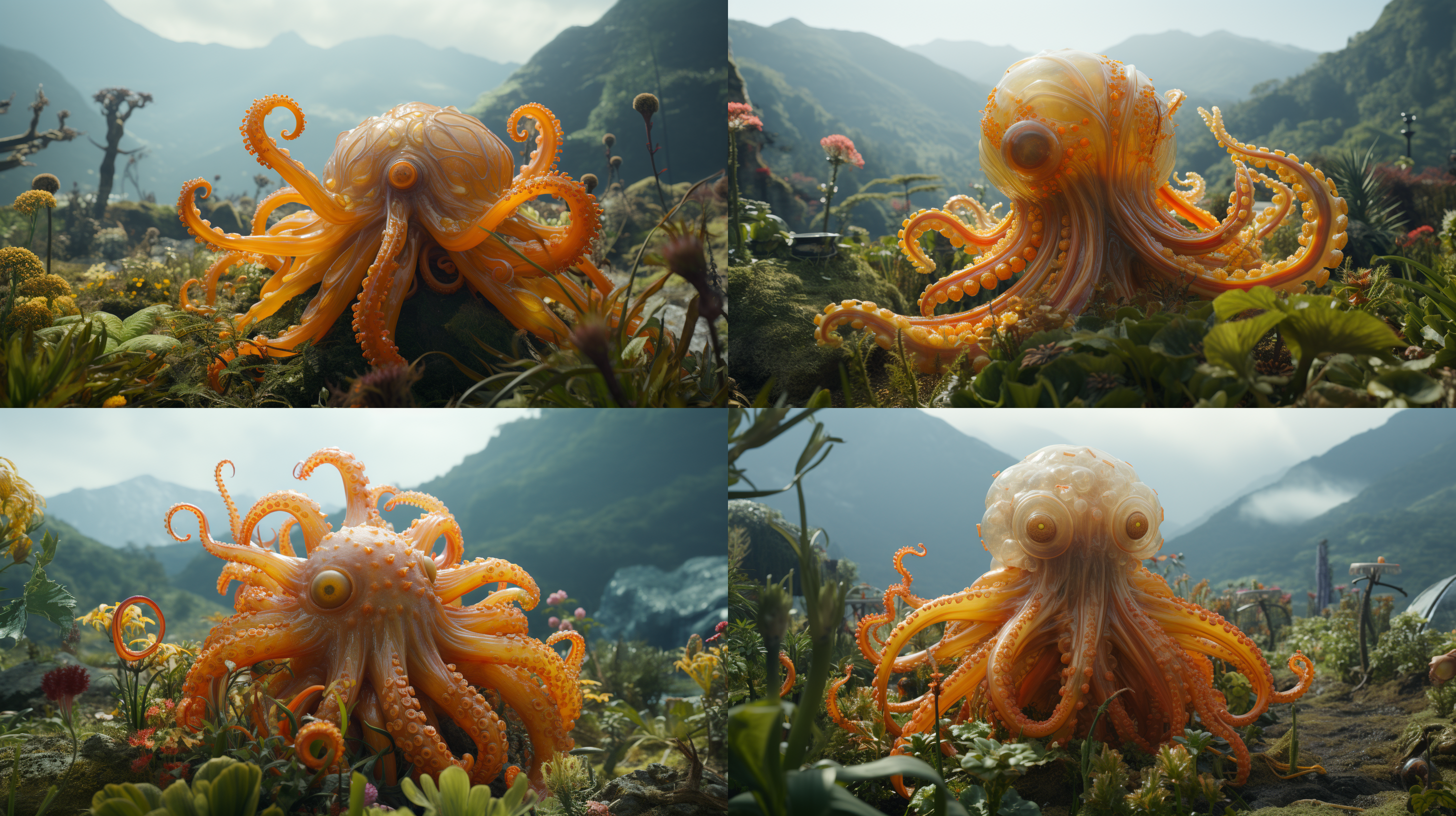 外星农作物，农田景观，章鱼形状，色彩斑斓，半透明质感，uhd，8k，广角镜头，自然光，静态，奇幻，光怪陆离。