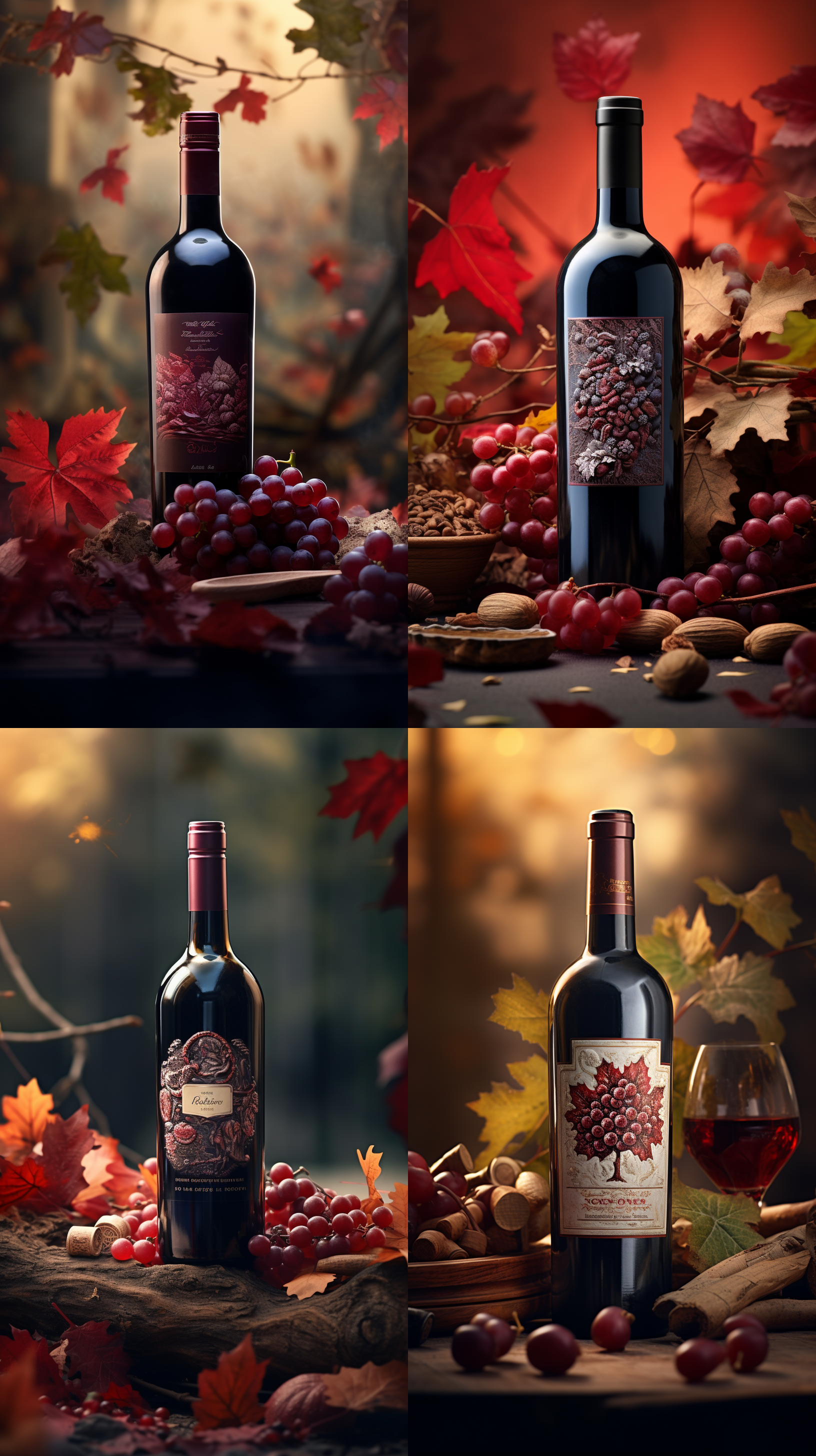 红酒瓶广告，居中构图，静物摄影，红葡萄，秋叶，小花点缀，干净背景，前景虚化，真实光影，大光圈，细节丰富，自然色彩，宁静。虚幻引擎, oc渲染器, 电影风格, 电影灯光, 梦幻。