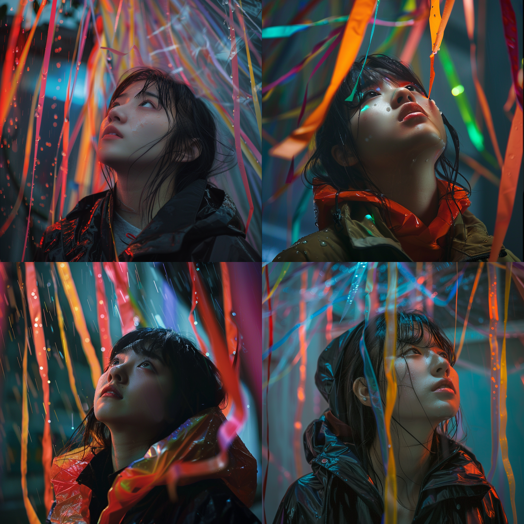 中国女士风衣仰望，大雨澎湃，彩色飘带，真实风格，抽象主题，垂直构图，暗调，长焦镜头，倾斜雨滴，凝视，光影。