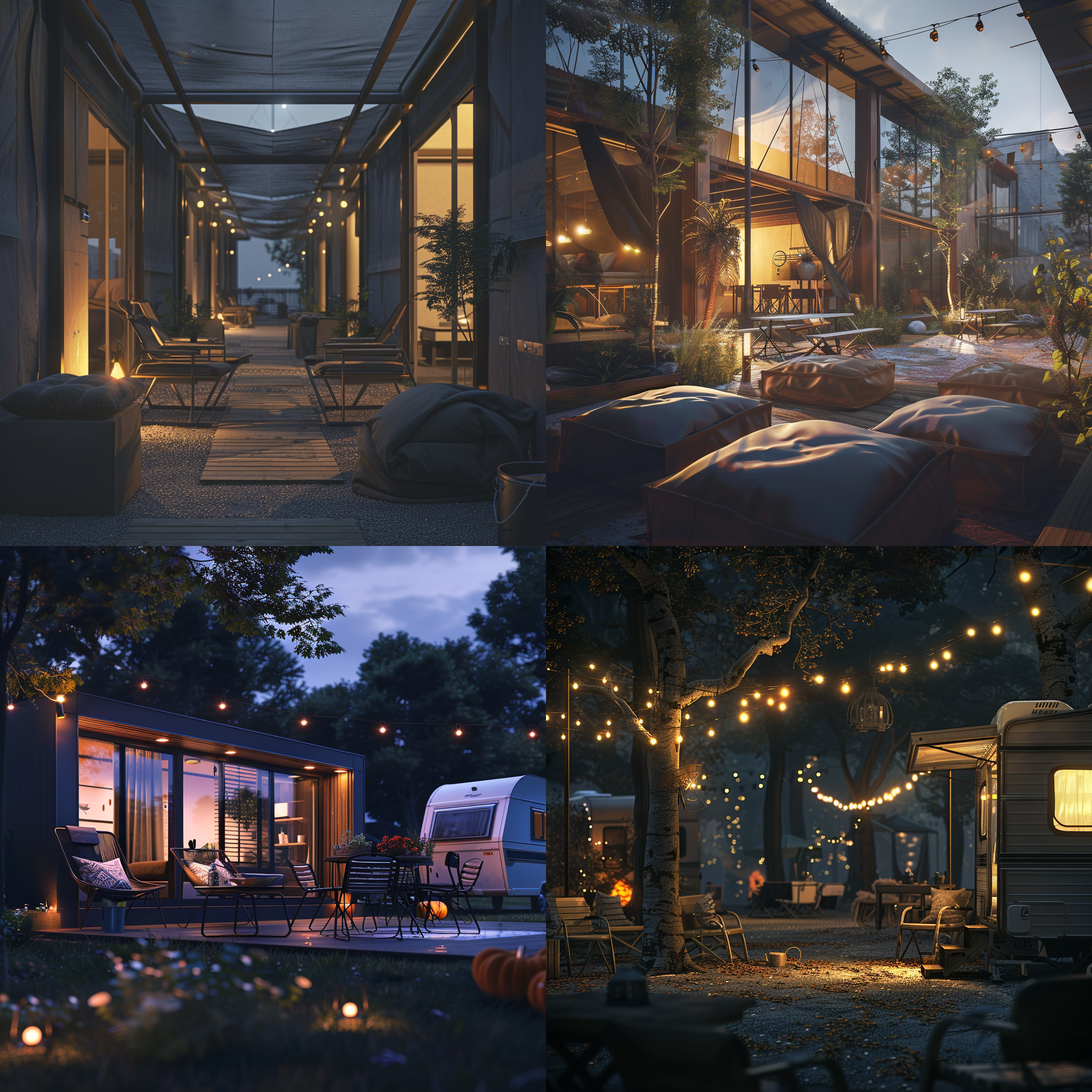 现代露营庭院，暖灯光透过窗户，座椅整齐摆放，静谧温馨，高细节，写实电影风格，全景视角，远景，静谧，宁静，现代建筑。
