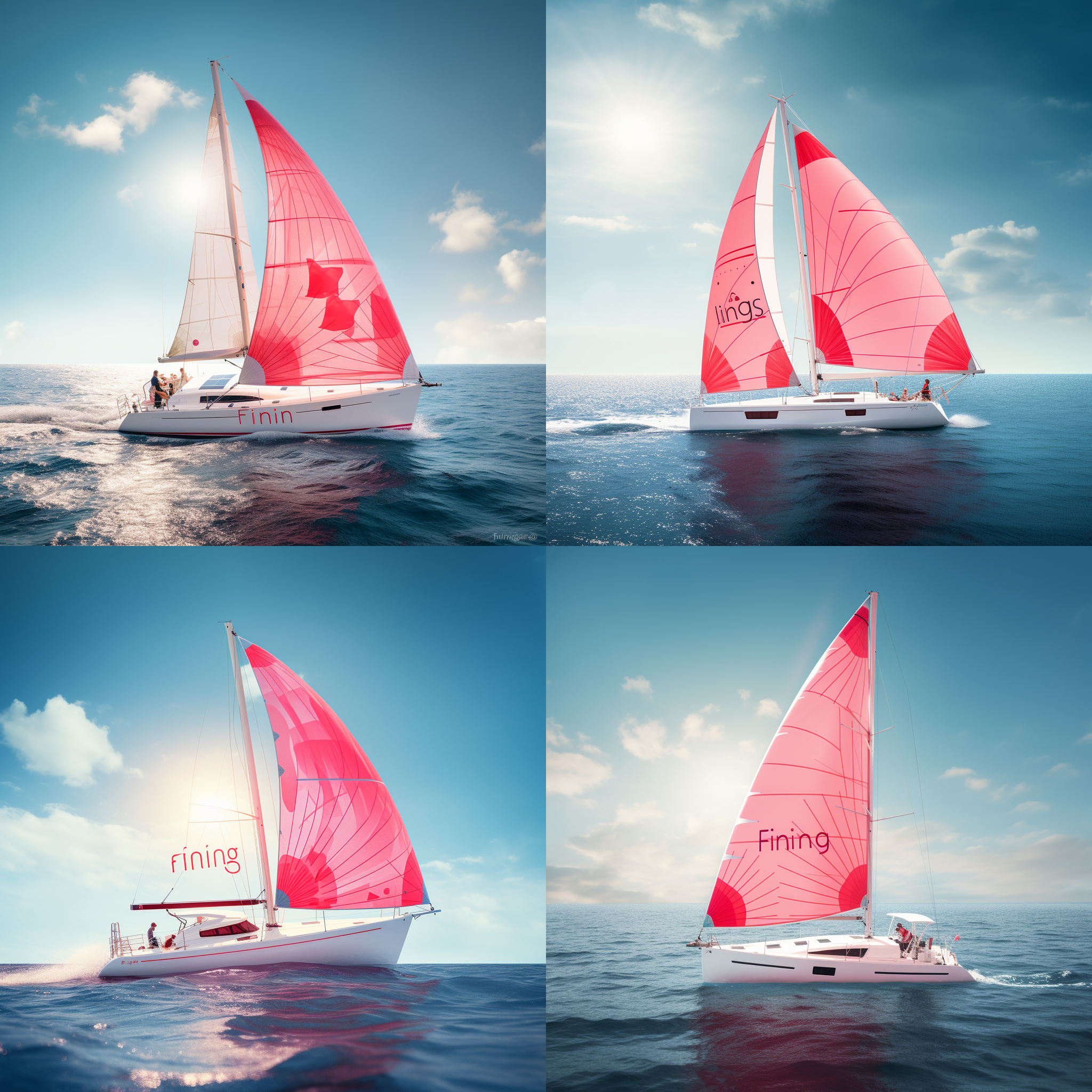 火烈鸟风帆，海洋背景，船体颜色变化，高角度俯视，清晰细节，明亮光线，静态，优雅，蓝色调，动态。