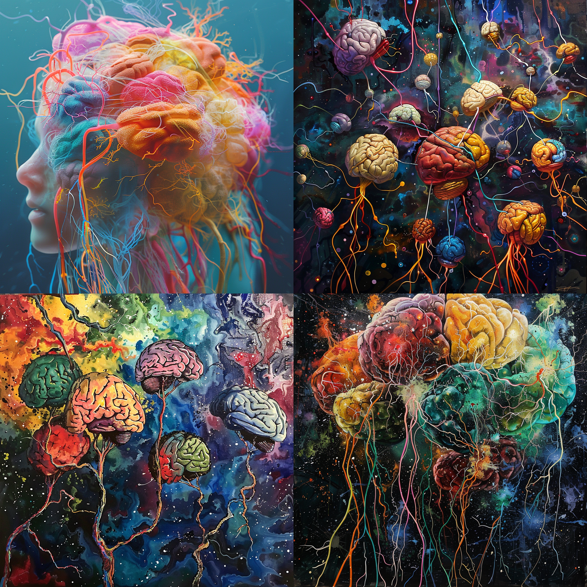 brains connected by nerves, sci-fic, dream-like, colorful, imaginative, creative