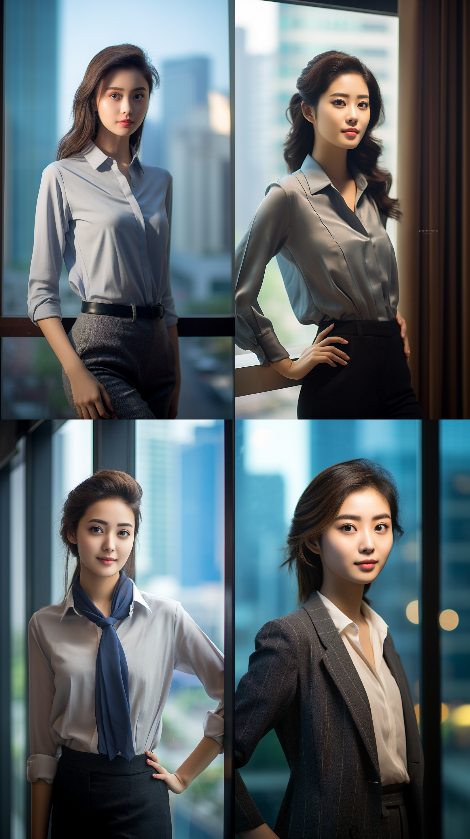 中国女孩，自信女性，窗前站立，高楼街道背景，微笑坚定，简洁明快，透视感，鲜明色彩，现代自信，专业办公室，高楼城市，职业装，明亮氛围。高动态范围(hdr)，长焦镜头，侧光，垂直构图，活力，自然风光，阳光照射，幸福，成就感，活力四溢，勇敢。