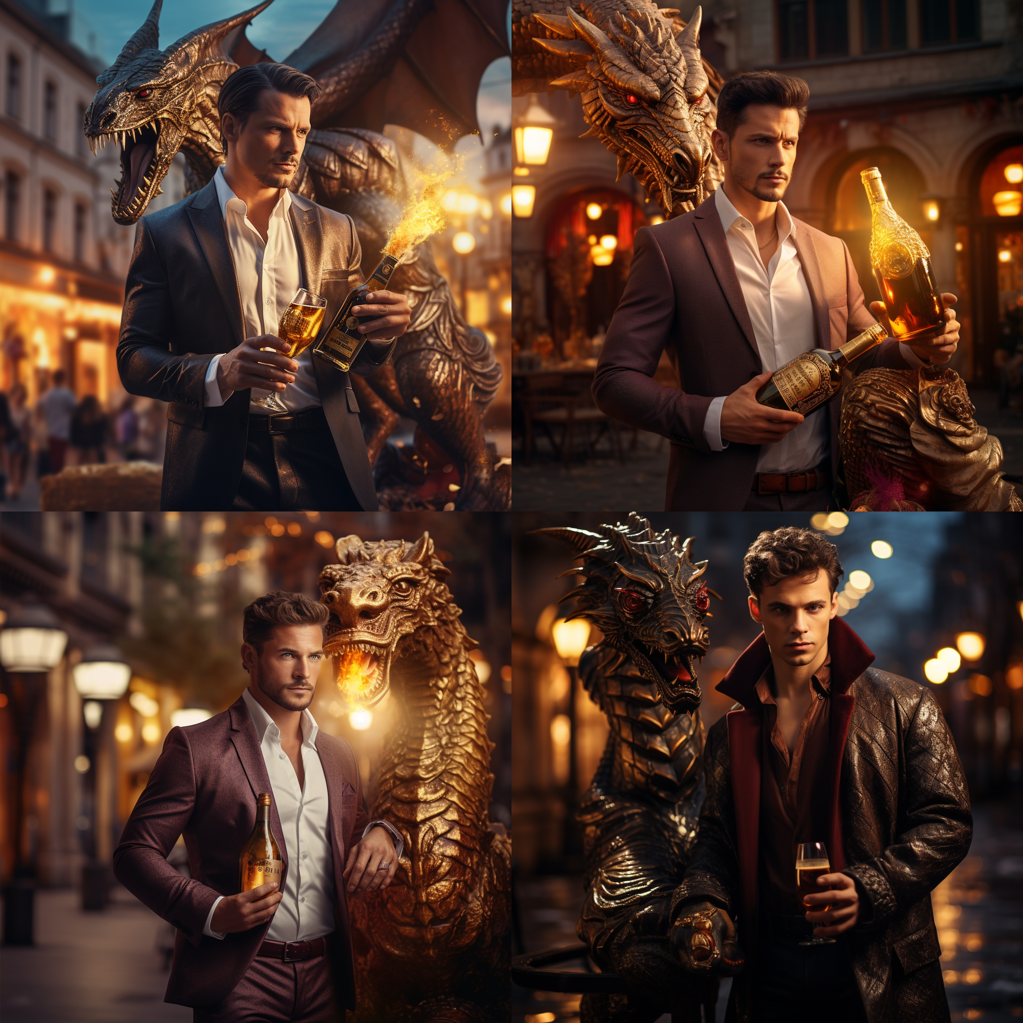 俊朗男子手持特制酒瓶，广场上，金龙盘旋。景深浅，色彩饱和，广角镜头，明亮侧光，神秘壮美氛围。