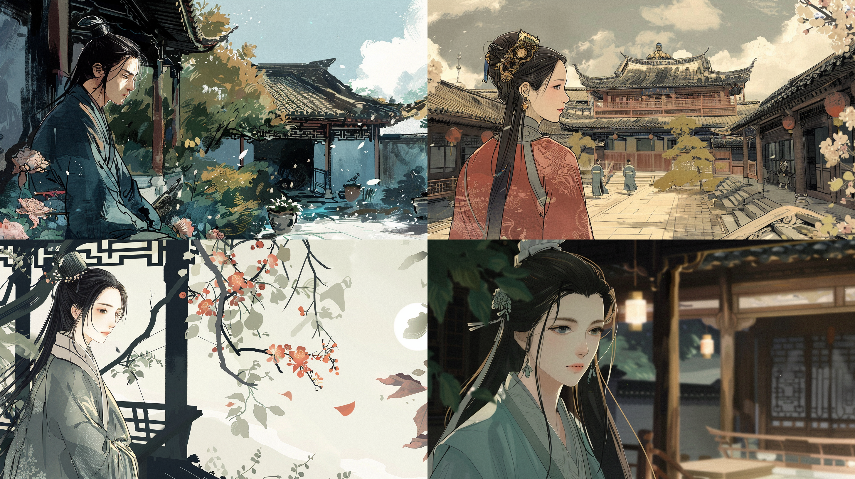 中式卡通风格，面部不变、古风元素，唐代服饰，和风庭院，细节丰富，水墨画效果，柔和光线