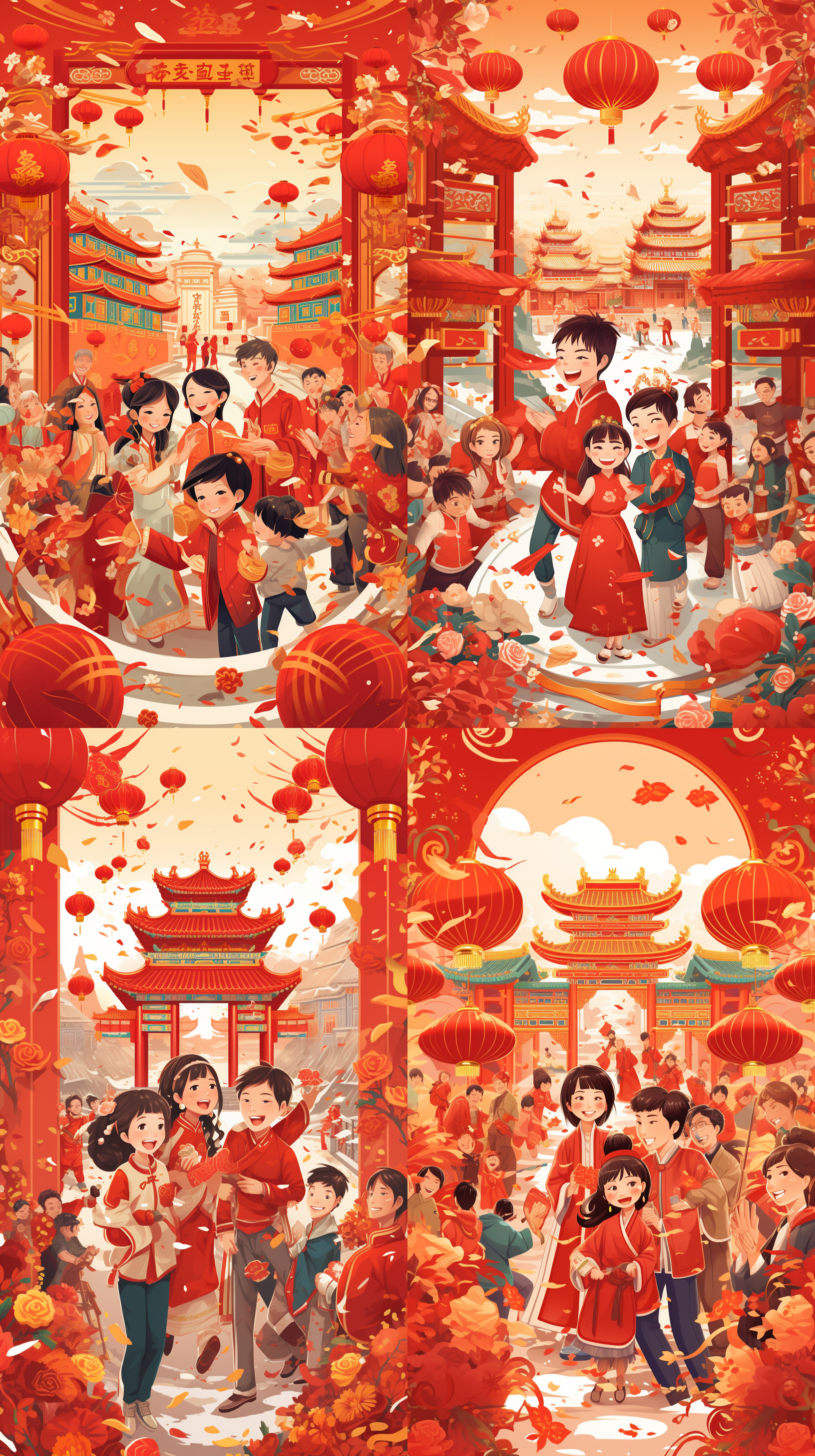 拜年素材海报，中国传统元素，浓郁的节日氛围，红色为主色调，金色装饰品点缀，对称布局，细腻的手绘风格，温暖柔和的光线，欢乐喜庆的场景，人们互赠礼物、祝福，喜庆、热闹、团圆、幸福。