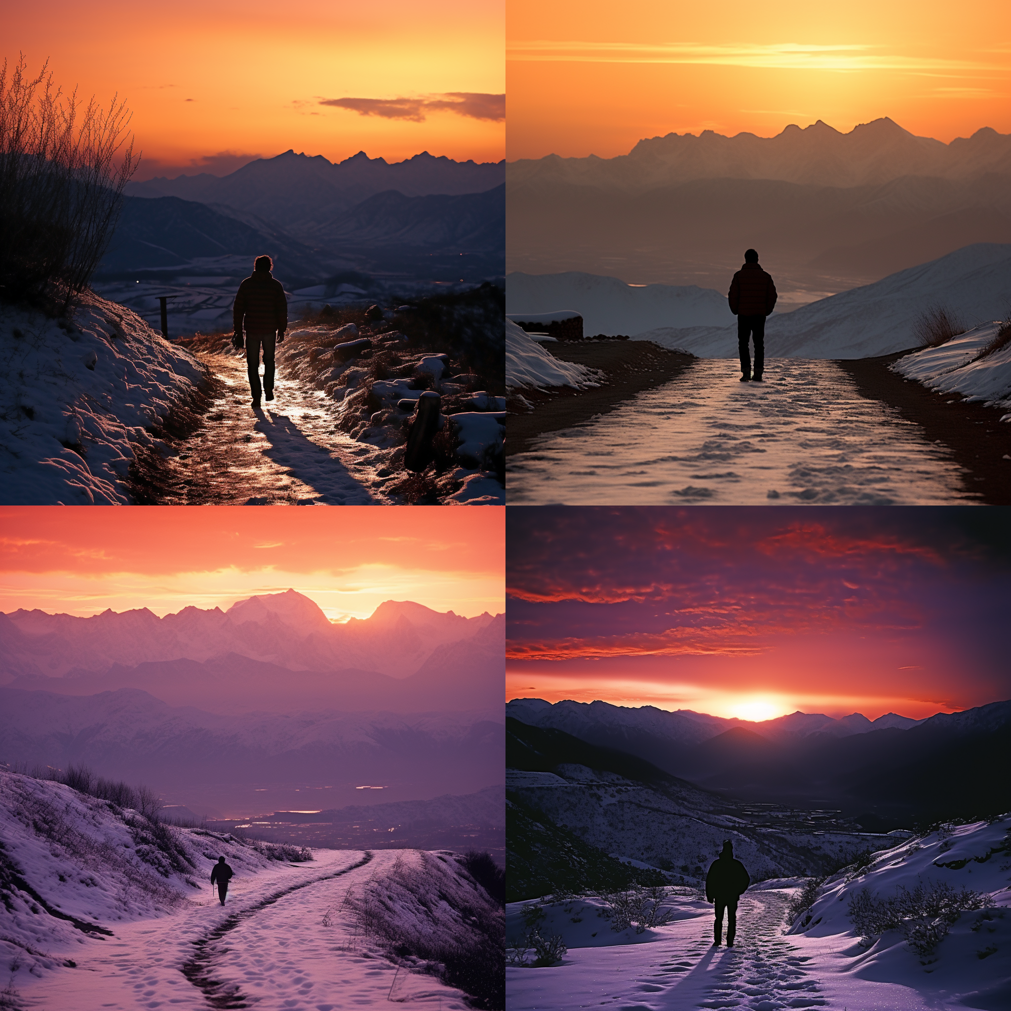 中国男子，25岁，背影，乡间小路，下雪，梅里雪山，夕阳，寂静，暖色调，长焦镜头，孤独，冷色调。 山地风光，背影，雪地，远眺，暮色，雪山，孤独，思考，冷暖对比，长焦，垂直构图，安静。