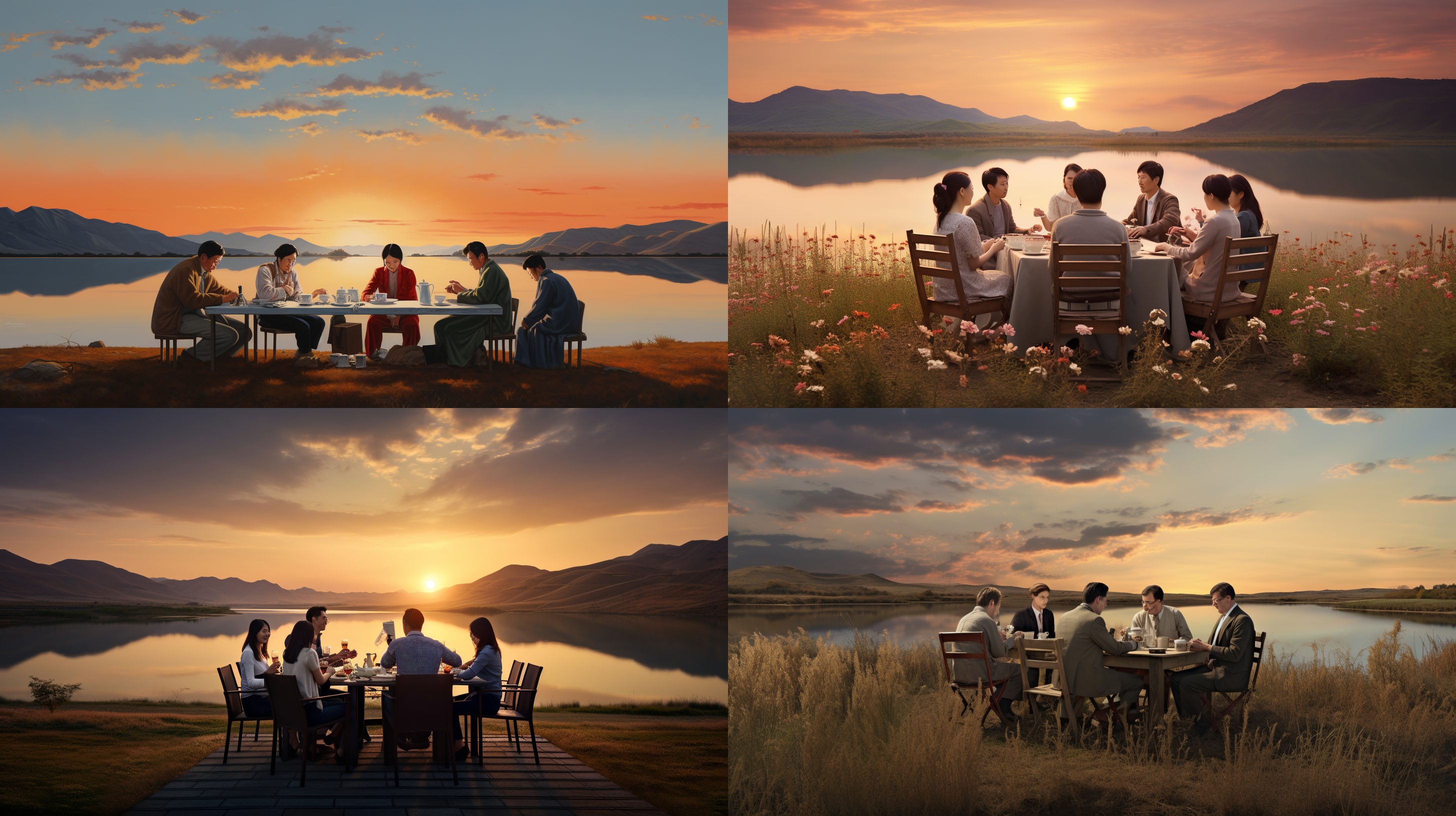 两男四女，长方桌旁，黄昏喝茶。中国湖畔草原，夕阳下延伸。宁静温暖，广角镜头，温和侧光，柔和色彩，微笑，放松。 人物服饰：现代服装 