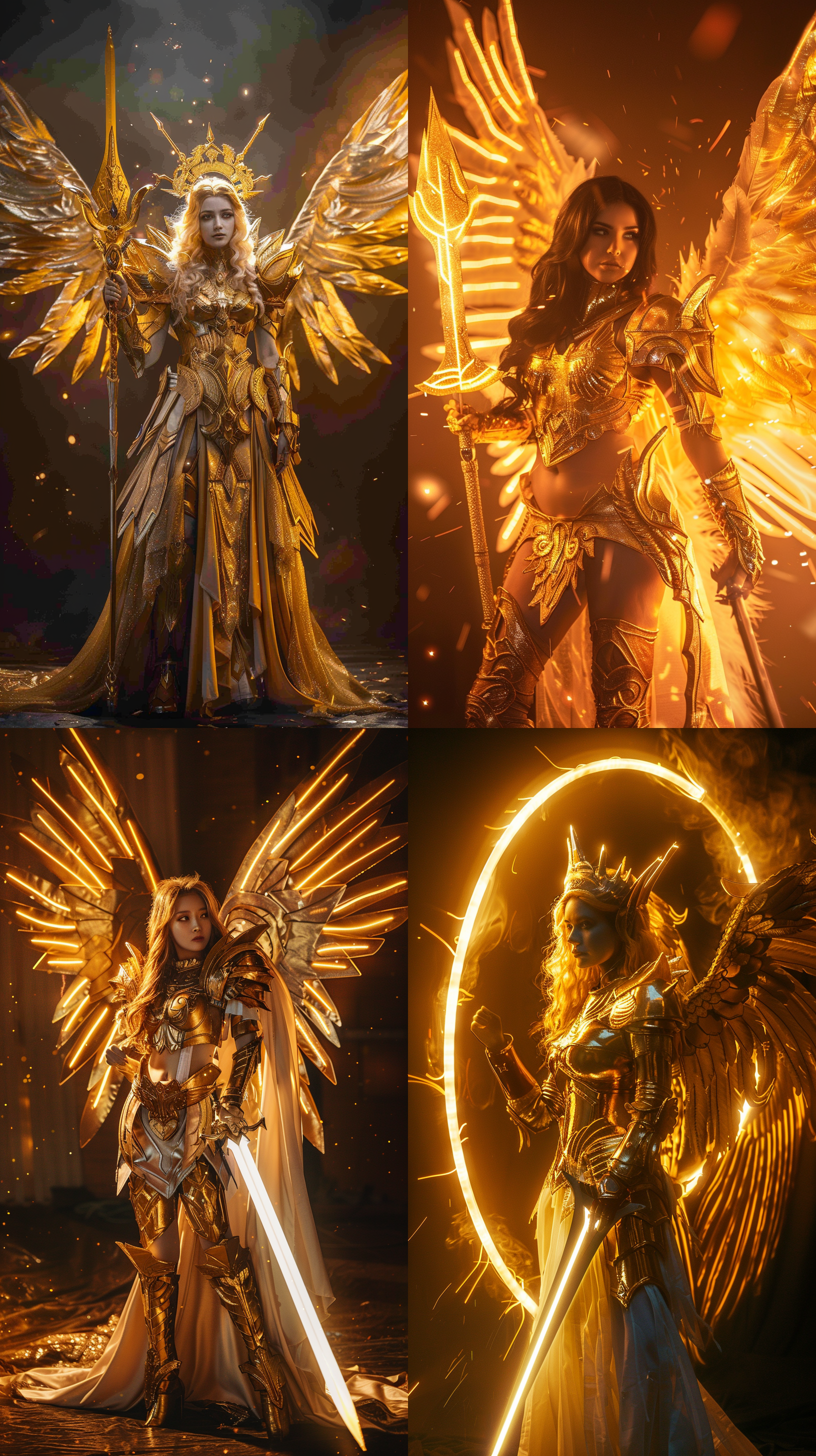 女子身穿凤凰战甲，手持圣光之剑，背后长着6只羽翼。金碧辉煌，史诗风格，霓虹灯光，暗黑背景，侧逆光，动作凌厉，神秘色调，高饱和度，威严自信。