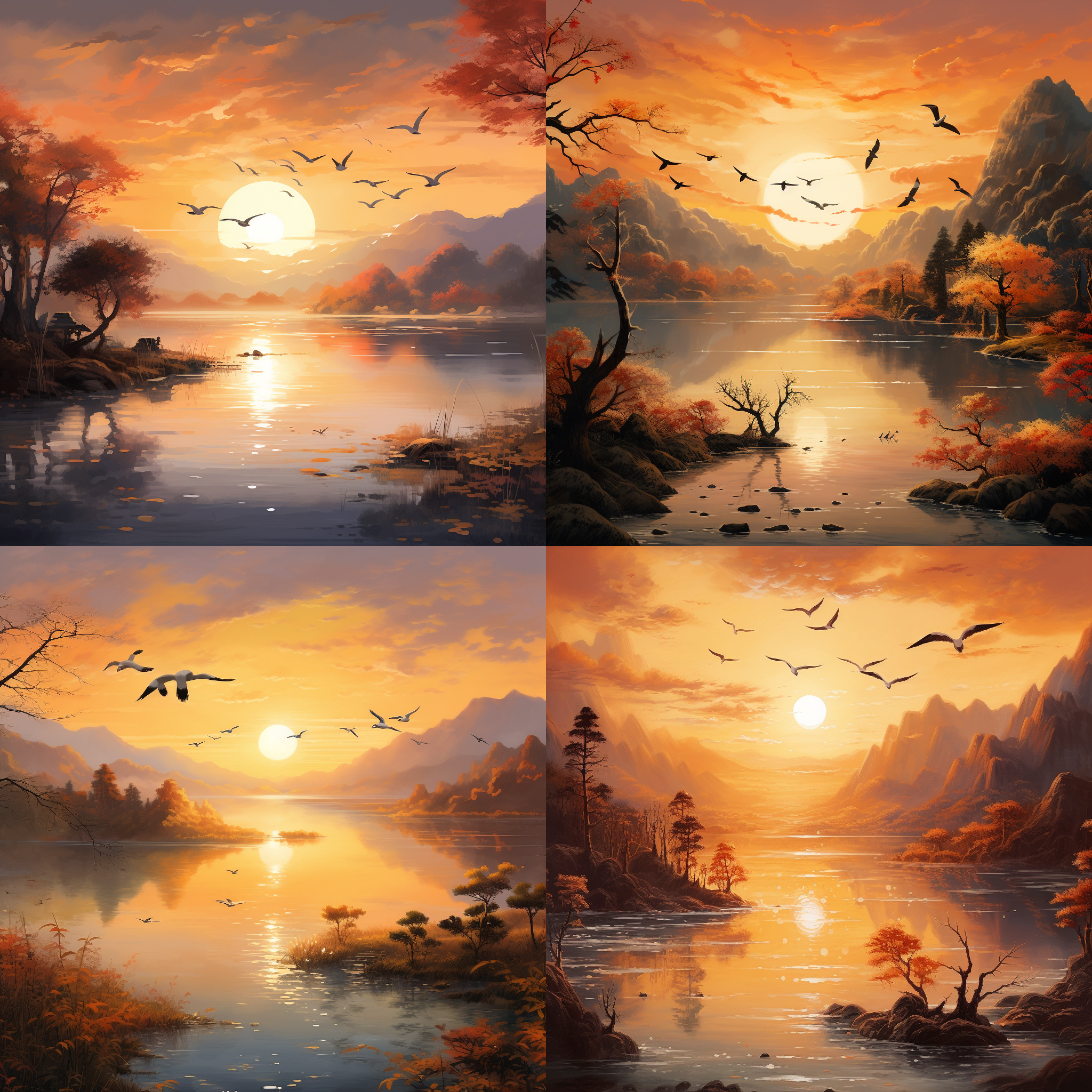 夕阳照耀湖泊，鸟儿在上空飞舞。james gilleard和冯华钟的风格，柔和、梦幻的风景，逼真的场景，米色和琥珀色调，逼真的奇幻艺术作品，超级详细的插图，中国墨水画风，3:4比例，750像素。