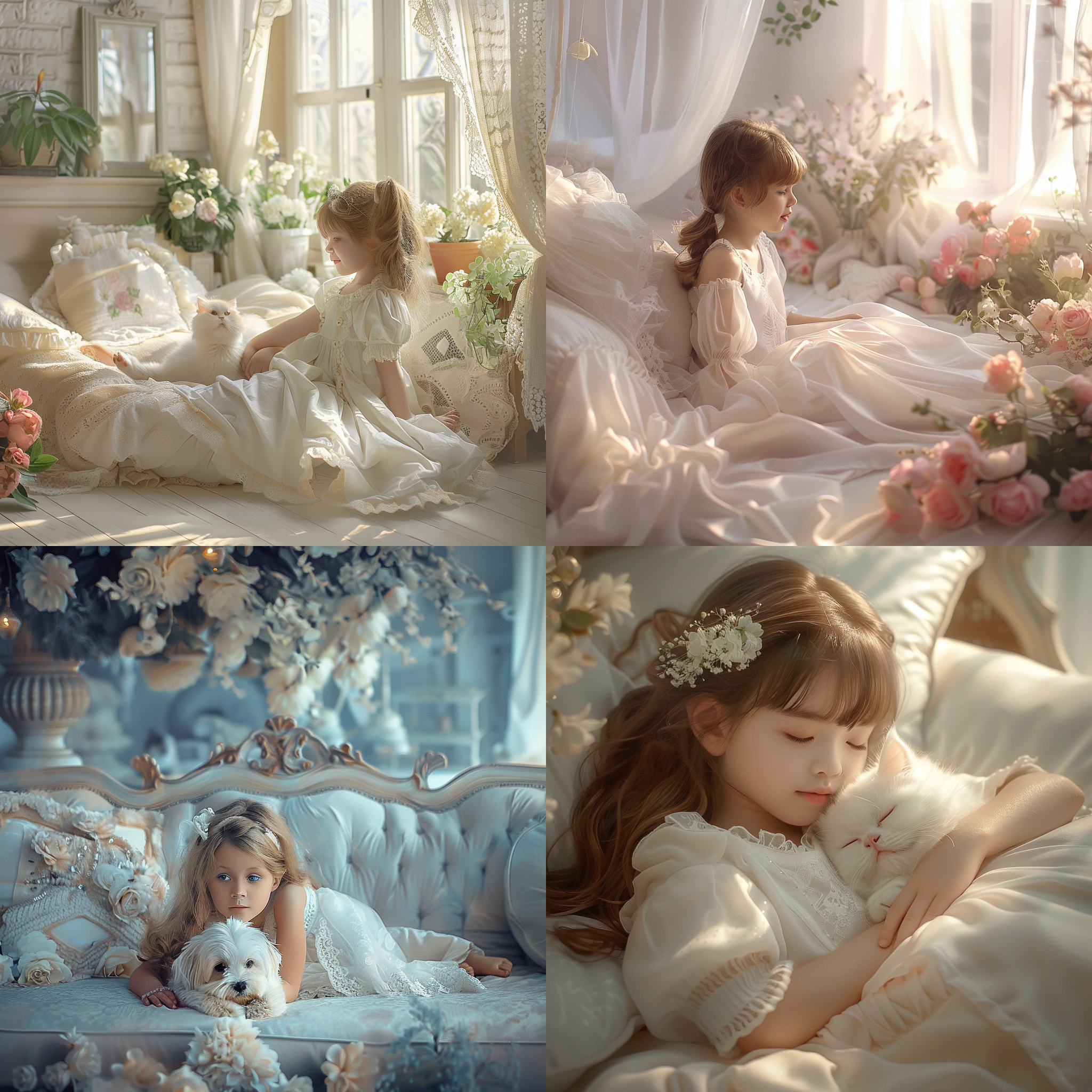 小姐姐白色礼服，明亮大厅横躺沙发，温馨卧室，鲜花，可爱宠物，清晰鲜艳，色彩丰富，8k高清画质，细节精致，美丽动人，妩媚娇艳，温馨舒适氛围。