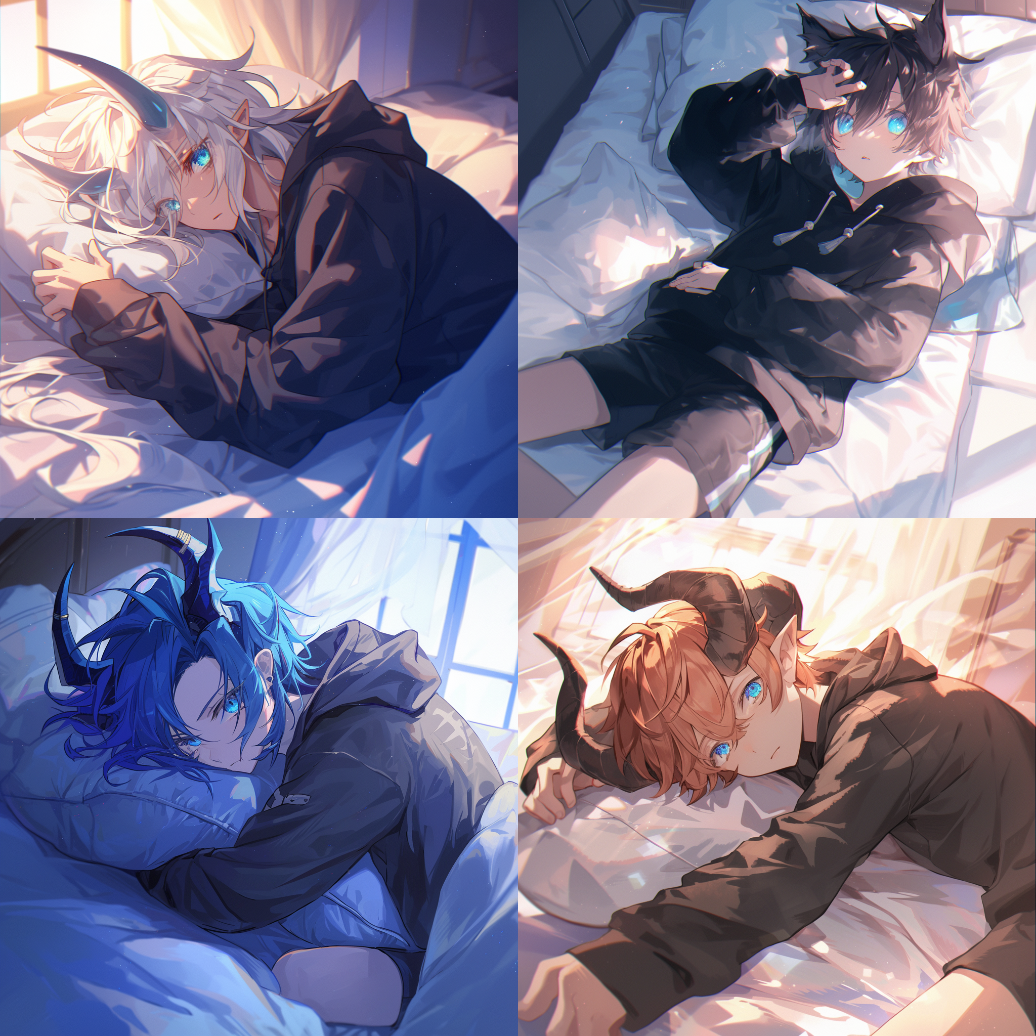 兽角少年躺床上，窗外光线，极致细节，精致眼睛刻画，散乱头发，黑卫衣，超短裤，单人卧室，蓝瞳，帅气，最高品质，宽松服装，头发枕上，可爱，紧张,暖色调。