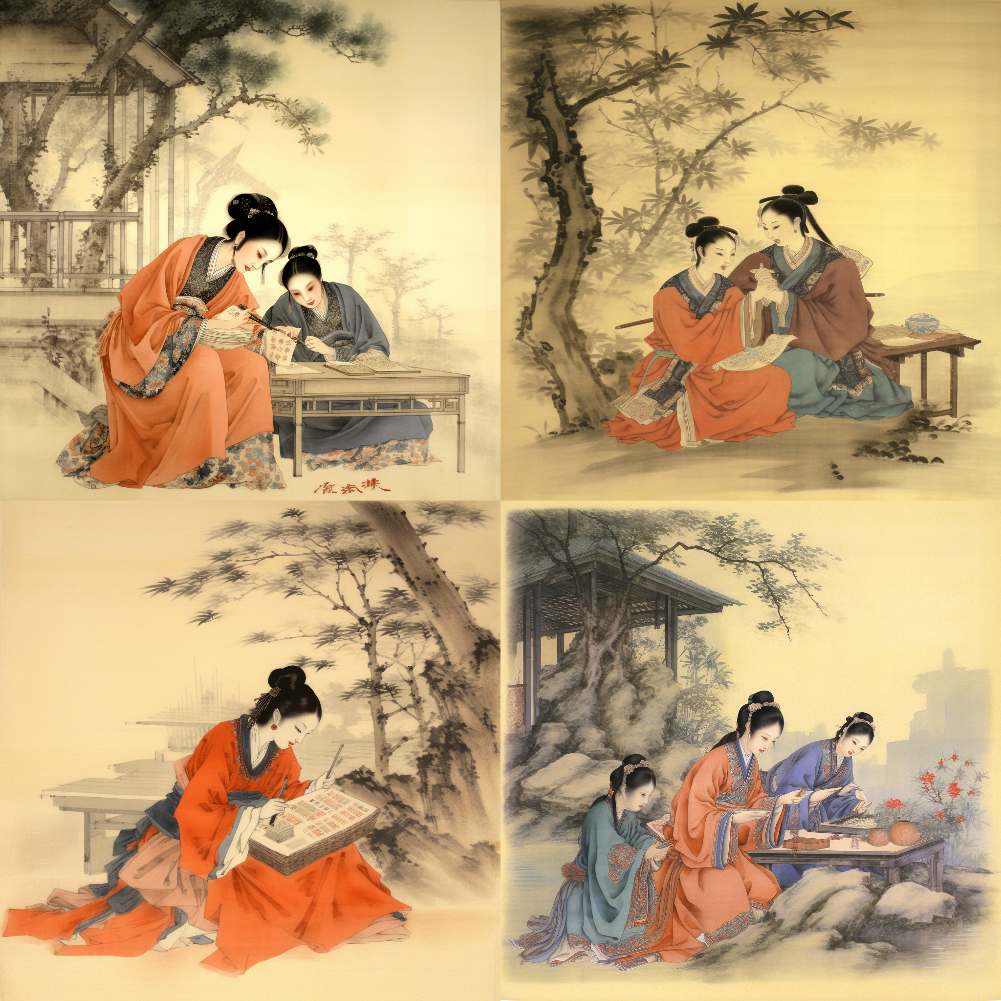 古风水彩、吴道子线条、《红楼梦》林黛玉教香菱学作诗、潇湘馆、青青竹林、近景、平视宽幅、完美仕女、工笔仕女、完美人物、表情自然、表现“慕雅女雅集苦吟诗”一回的情节细节，两个人物构图灵动，整体画面优雅古典