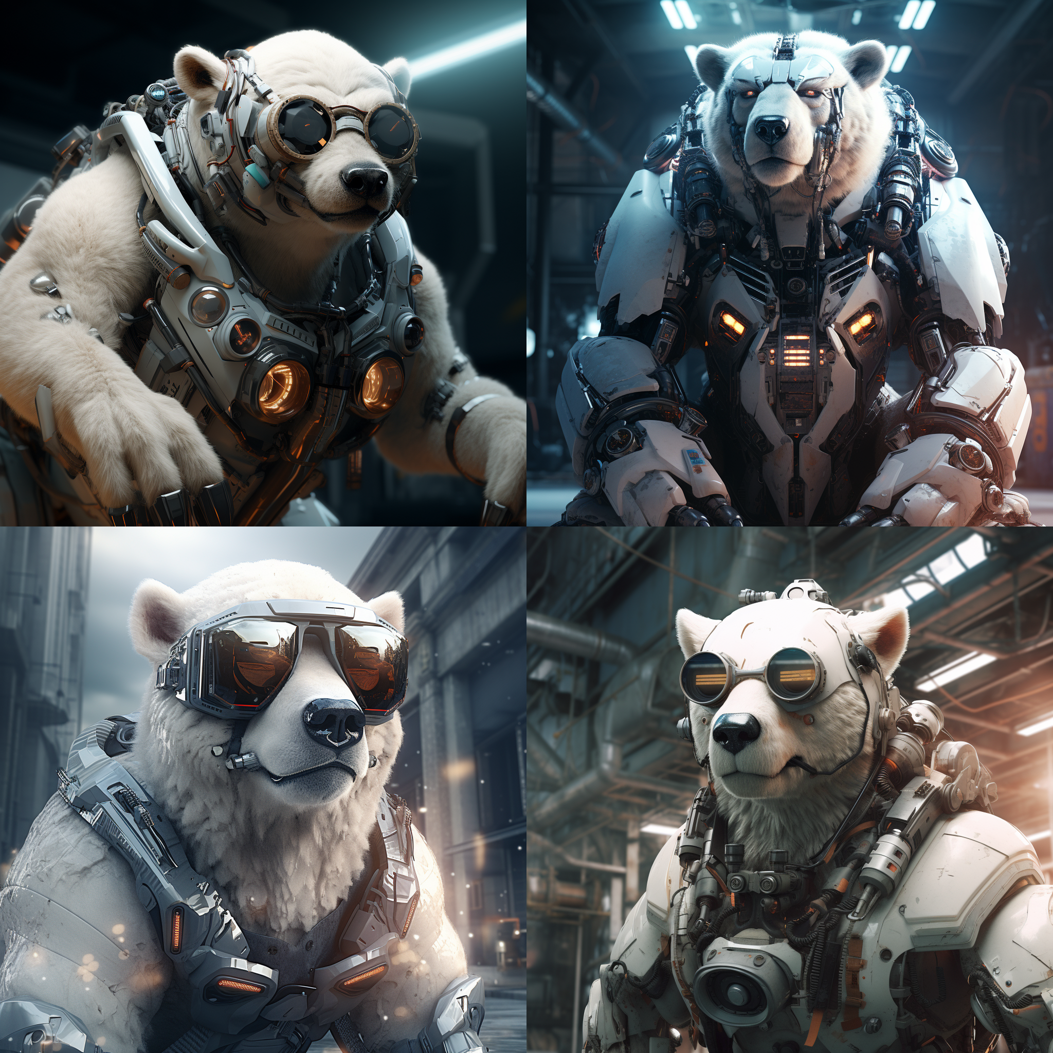a majestic, strong robot bear, polar bear on all fads, growling, mechanical, cyberpunk style, c4d, oc, look up, ultra hd, bright light, angle look up, sunglasses, indoor workshop, cold storage merciless, fierce, evil, weaponized, wearing mech