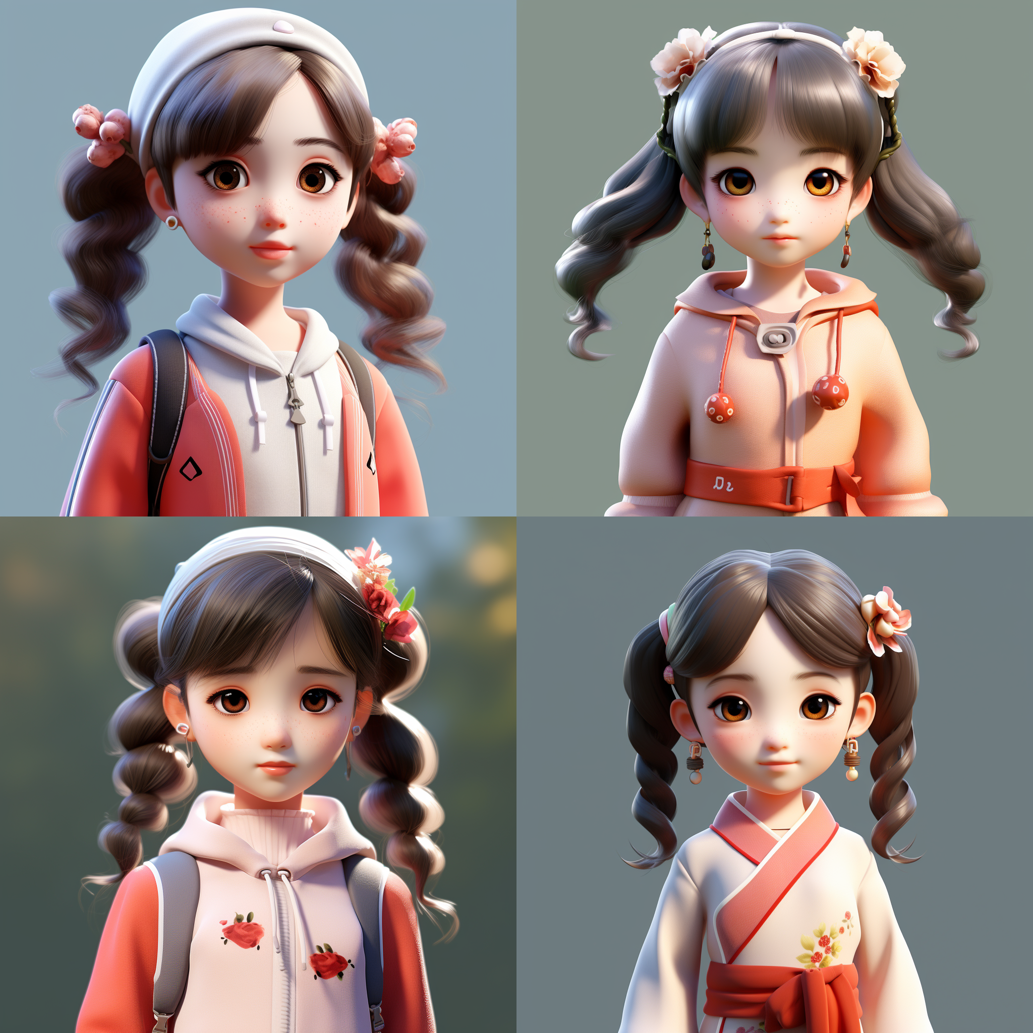 中国小姐姐，自然饱满，高端自然配色，明亮和谐，可爱多彩，光线追踪，设计简洁，ip盲盒形象，人物设计细节，有趣的人物设计，行为，海派，有机雕塑，c4d风格，卡通写实，4k展示