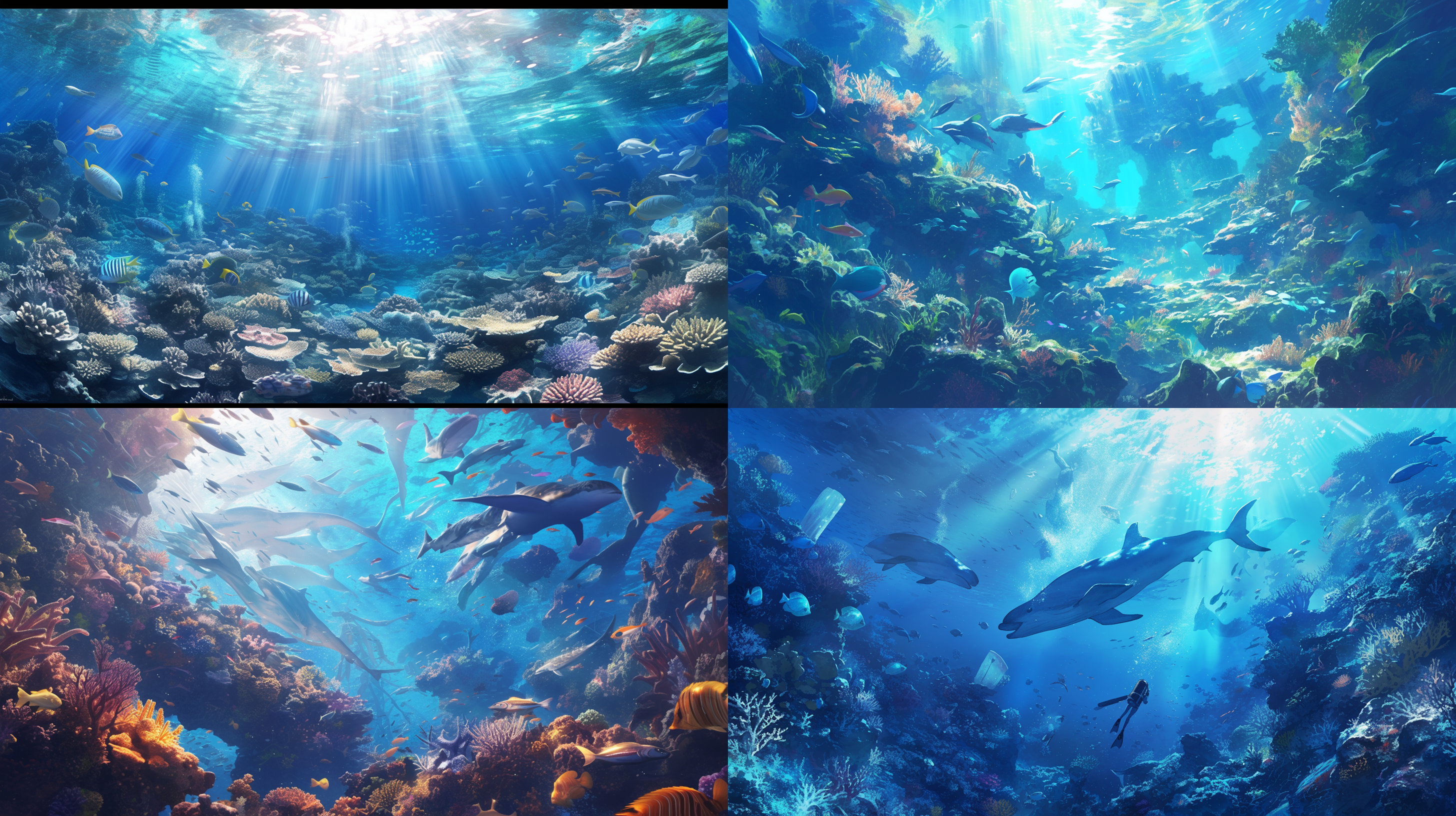 海底珊瑚丛，多样的海生物穿梭其间，斑驳水纹勾勒出柔光感 海底，多样生物，斑驳水纹，柔光，水下摄影，广角镜头，色彩丰富，自然光，游动，宁静。