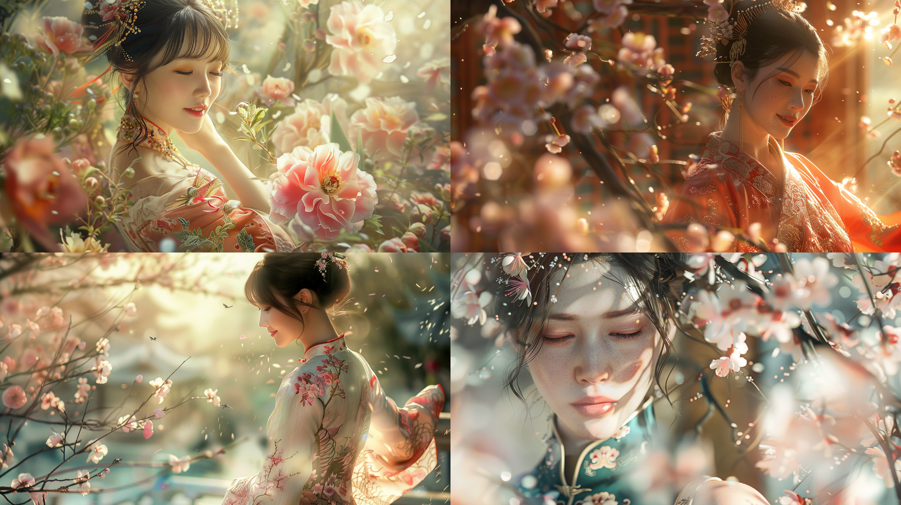 旗袍美女，花园中央，自然光，柔和色调，垂直构图，微笑，优雅动作，传统风格，花朵装饰，春日氛围，温暖情感。