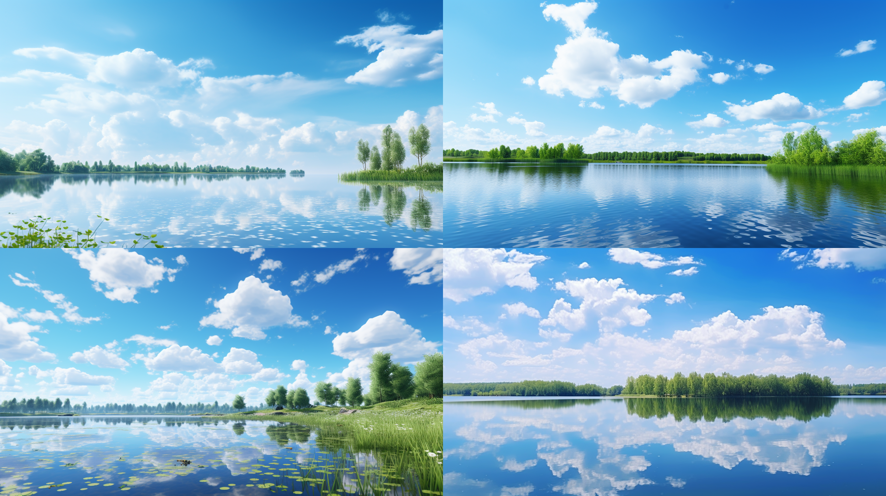 朝阳，蓝天白云，平静湖面倒影，湖边树木灌木，明亮色彩，8k高清，高饱和度。