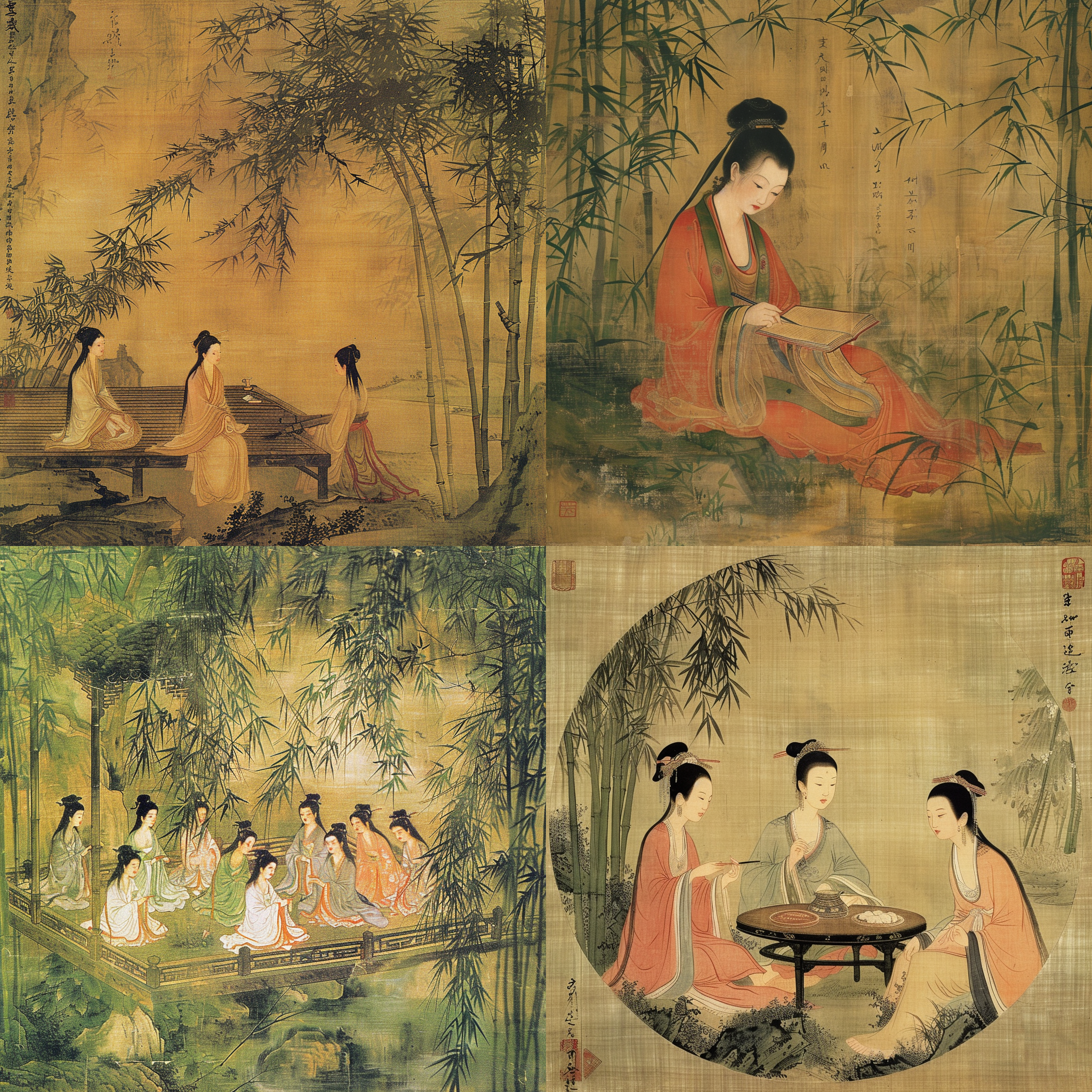 古风画作，吴道子风格，林黛玉与香菱学诗，潇湘馆内，青竹环绕，近景平视，工笔仕女，优雅表情，慕雅女雅集苦吟诗，灵动构图，古典优雅，水彩色调