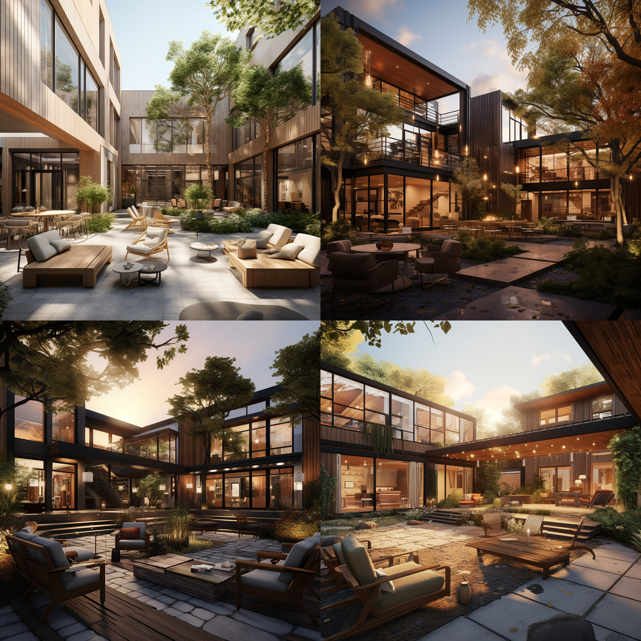 杂木风庭院，两层现代建筑，半开放格局，休息座椅，灯光透过漏窗，温暖而温馨，高细节，写实电影摄影风格，全景，远景，静谧，宁静。