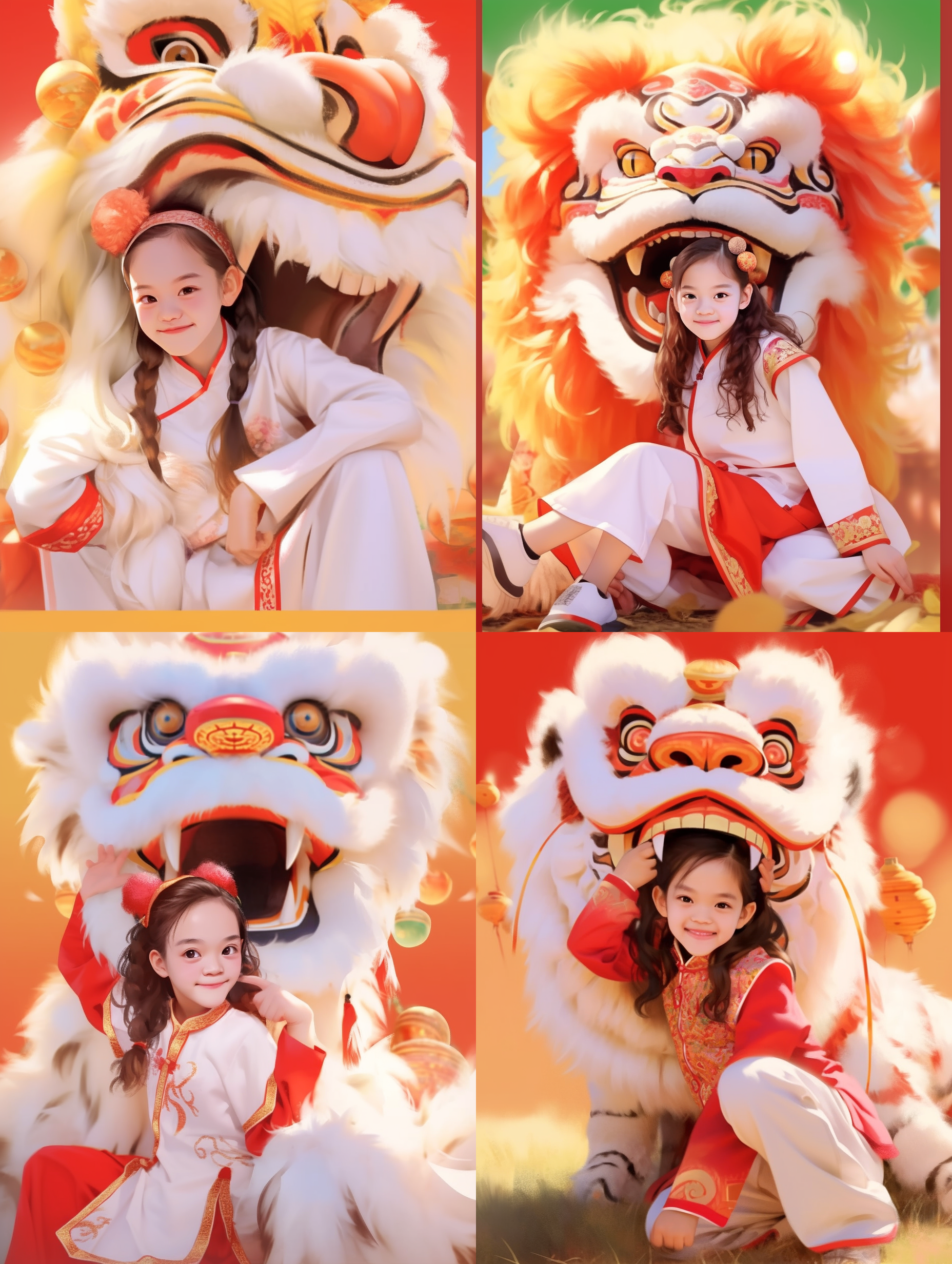 可爱女孩与醒狮，迪士尼风格，色彩缤纷，童趣，笑容，户外拍摄，长焦镜头，自然光，温馨，快门捕捉，互动，幸福。