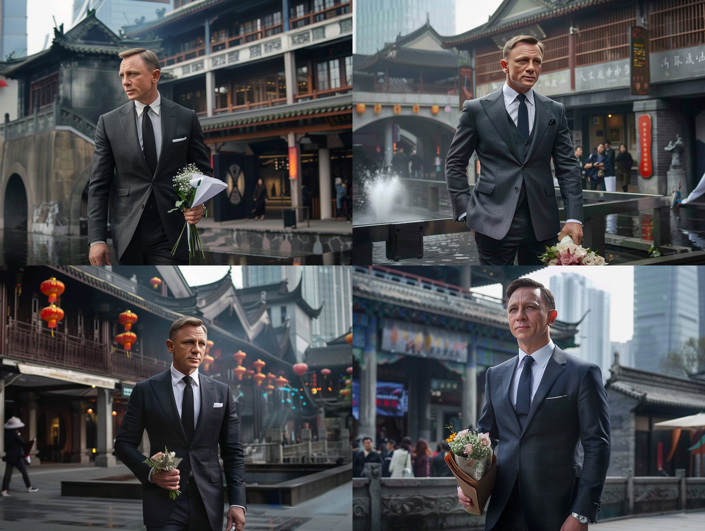 詹姆斯·邦德手捧鲜花，身穿西装微笑走在成都太古里街头。满街都是美丽的成都女孩