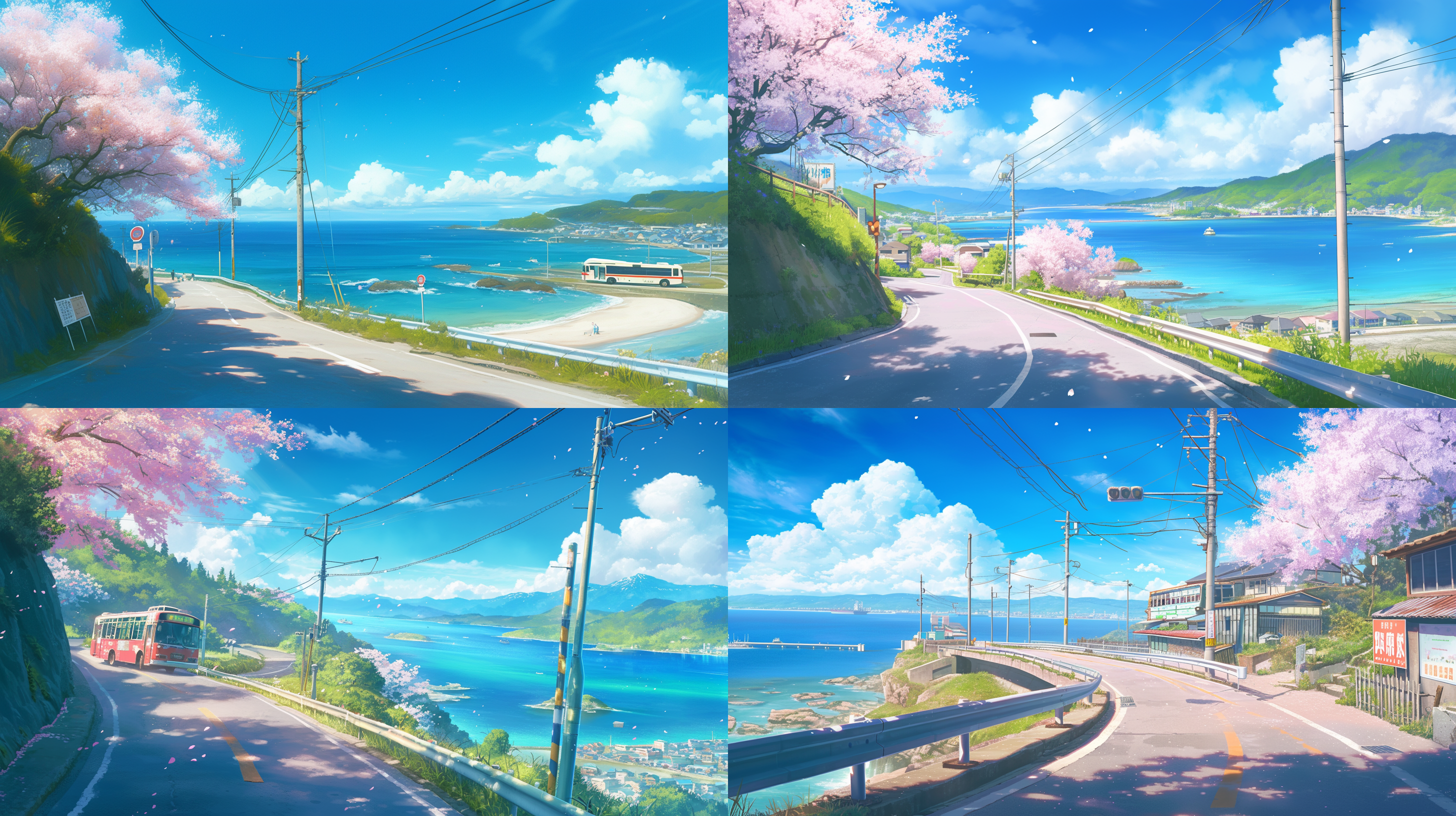 日系海边公路，蜿蜒、长，路边有电线杆，指路牌上写积极向上的日语短句。蓝天白云下，淡粉色的樱花飘落，路边绿植点缀。广角镜头捕捉远景，自然光照亮整个场景。柔和色调营造悠闲氛围。公路上一辆bus穿行其中，给人带来温暖情绪。 风景摄影, 远景, 广角镜头, 自然光, 柔和色调, 悠闲, 温暖情绪。