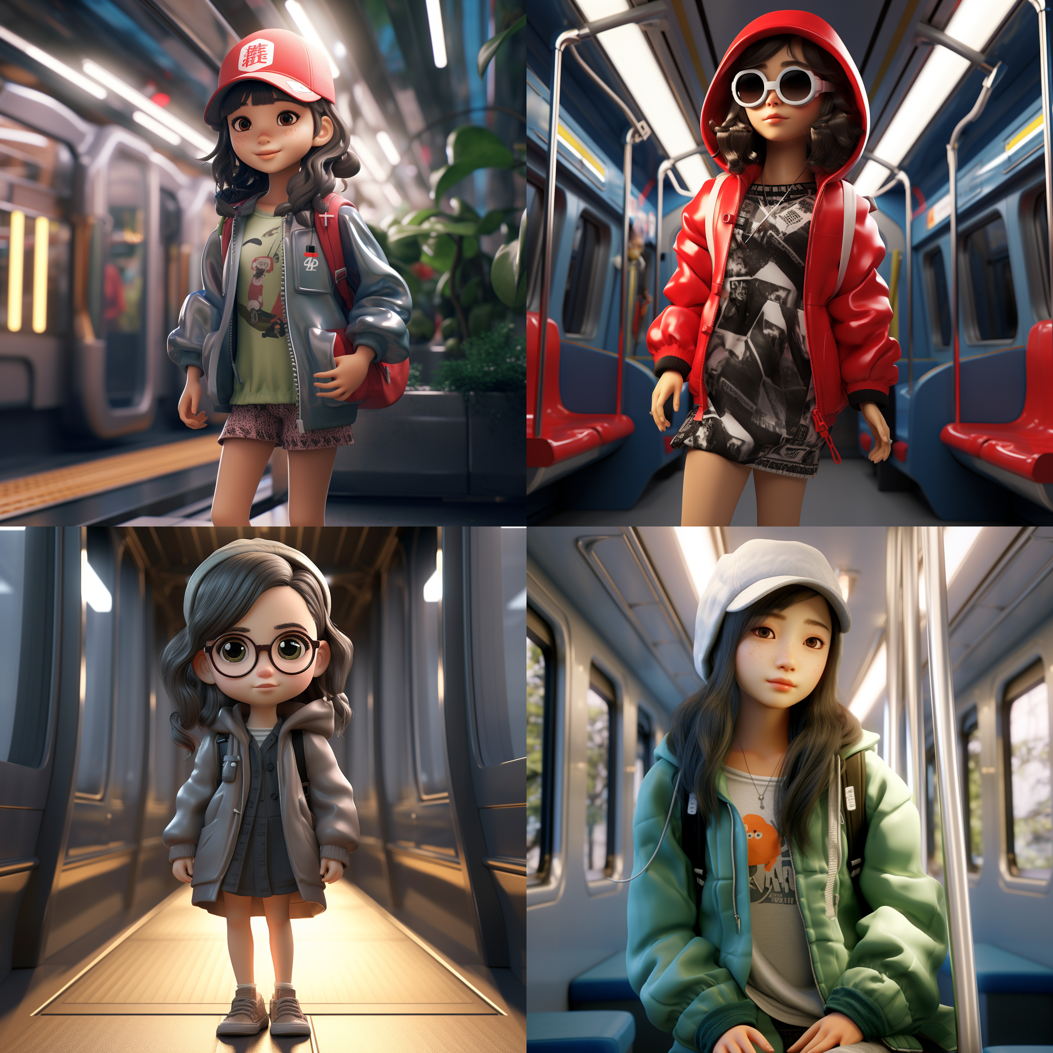 q版亚洲女孩，地铁车厢，清新，白天，时尚服装，靴子，丁达尔光线，皱巴巴衣服，盲盒玩具，迪士尼风格，前置照明，精细玻璃，3d渲染，8k，ar 3:4，头大身小，脸超级圆。