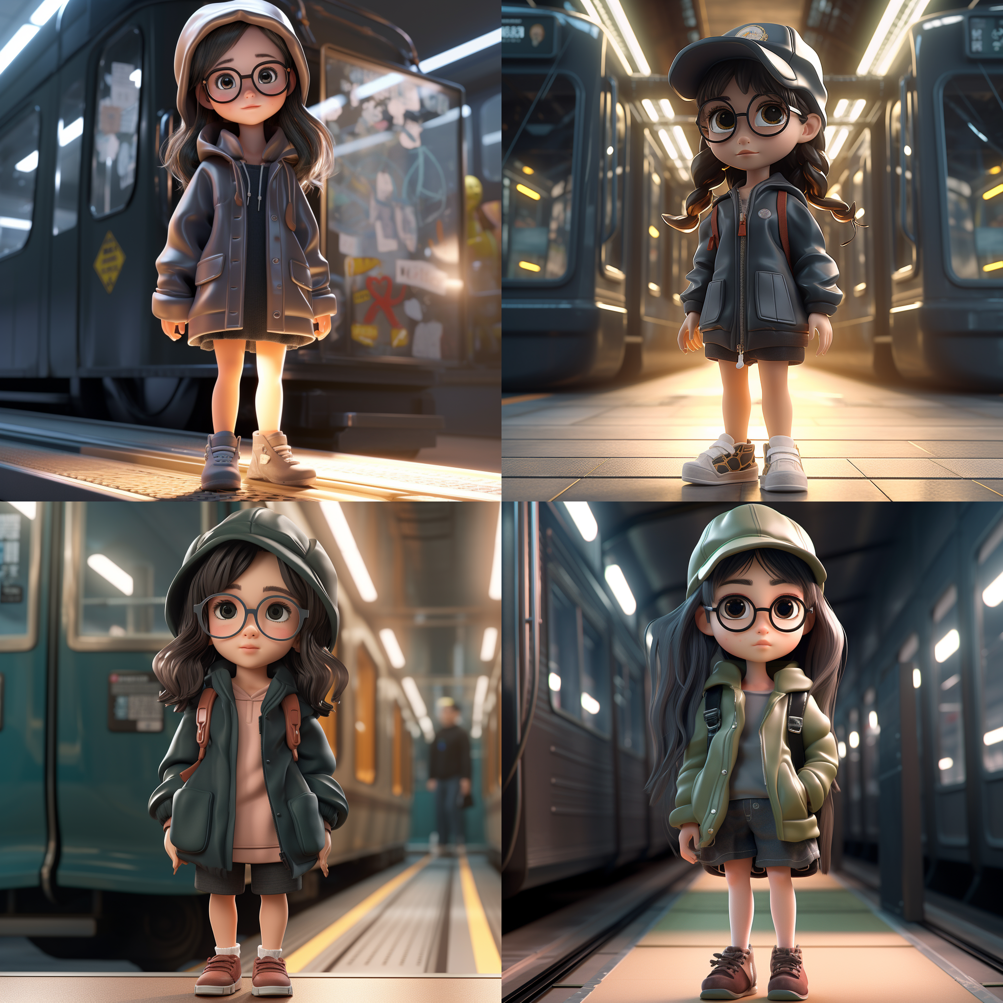 q版亚洲女孩，地铁车厢，清新，白天，时尚服装，靴子，丁达尔光线，皱巴巴衣服，盲盒玩具，迪士尼风格，前置照明，精细玻璃，3d渲染，8k，ar 3:4，头大身小，脸超级圆。