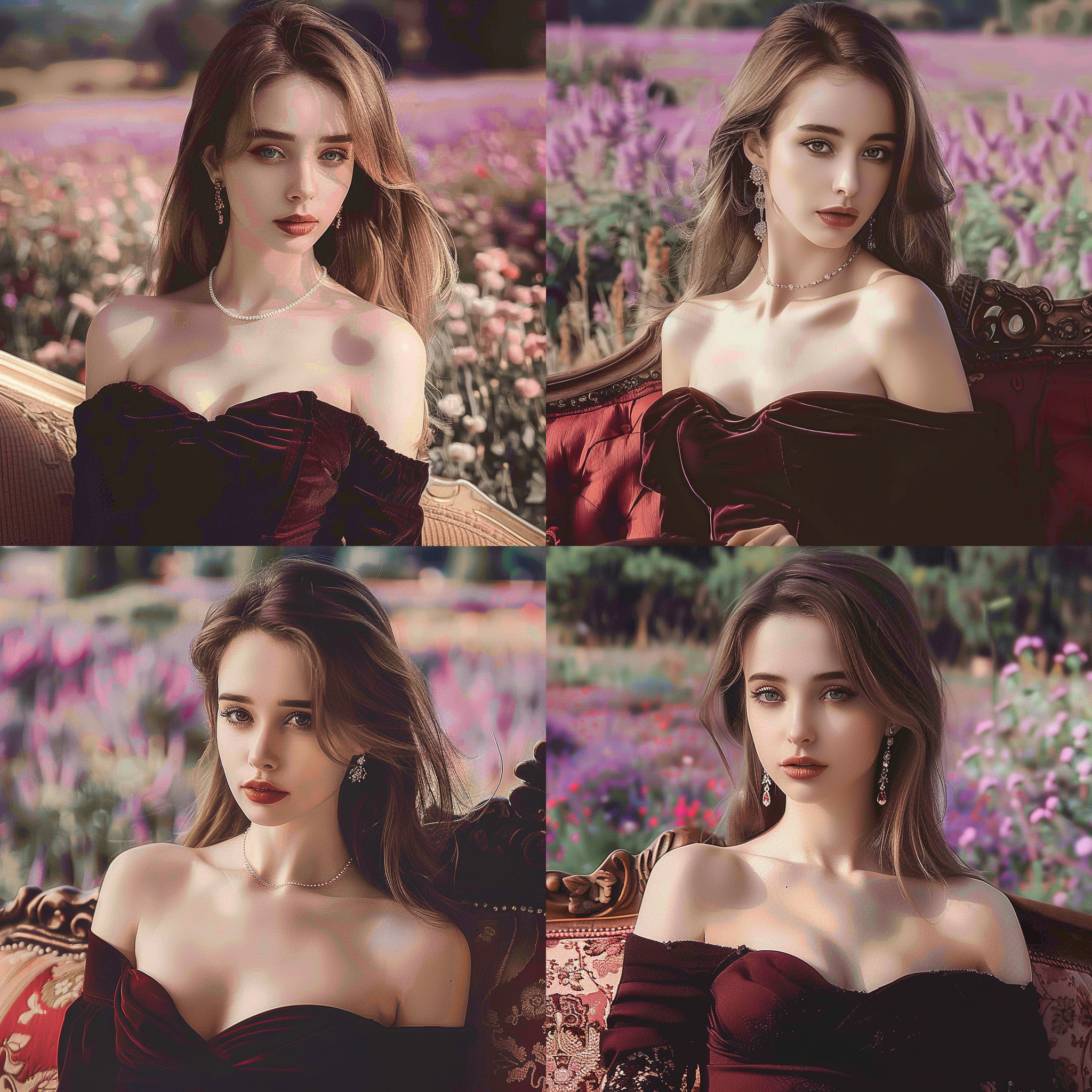 英国皇室公主，华丽礼服，蓝宝石，丰满面容，金发，耳坠，深红裙，沙发躺，鲜花，宫庭背景，高品质，精致，细节，暖色调，柔和光线，端庄优雅，豪华氛围。