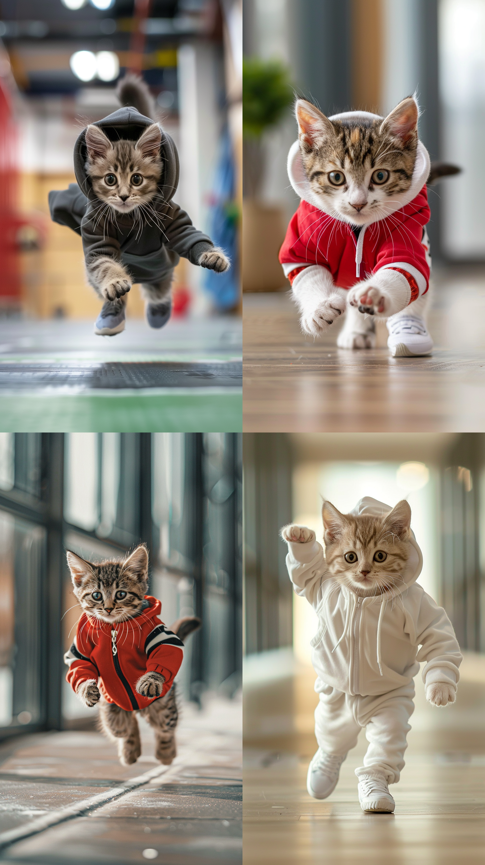 小猫穿着运动服和运动鞋，充满活力地奔跑。室内运动场景，广角镜头，高快门速度，动感十足，快乐奔跑。